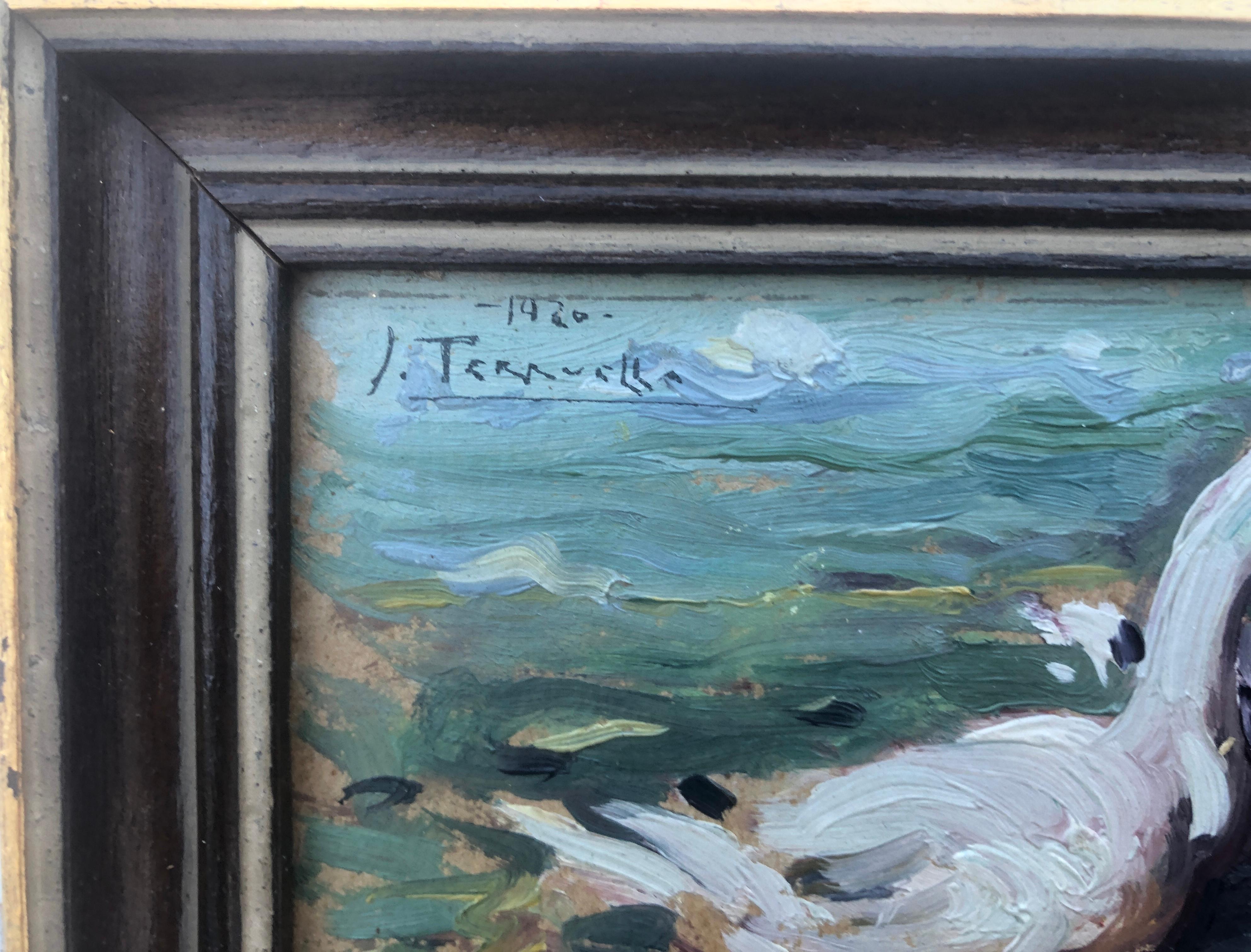 Swans oil on cardboard painting impressionism Spain - Impressionist Painting by Joaquin Terruella Matilla