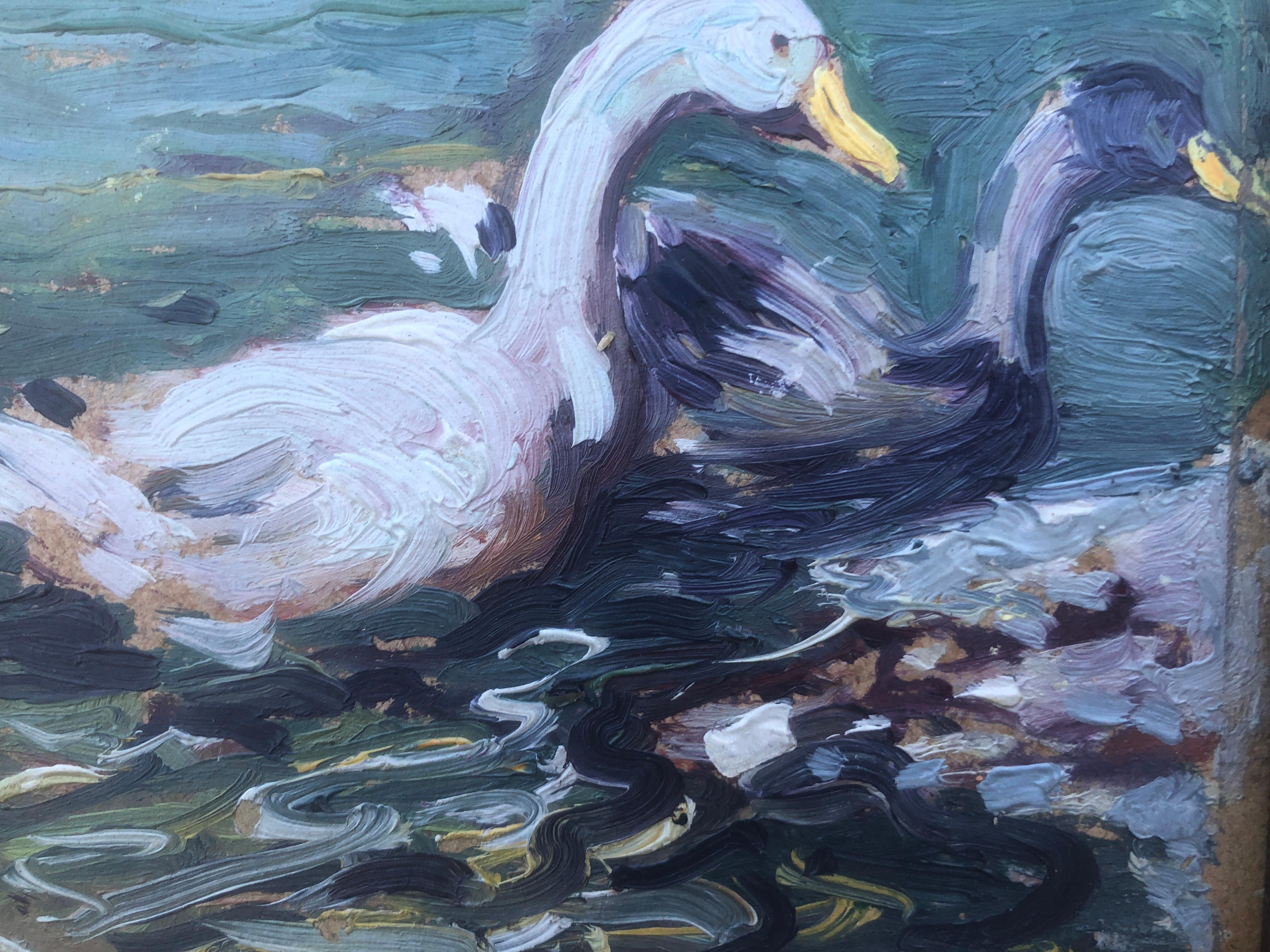 Swans oil on cardboard painting impressionism Spain For Sale 1