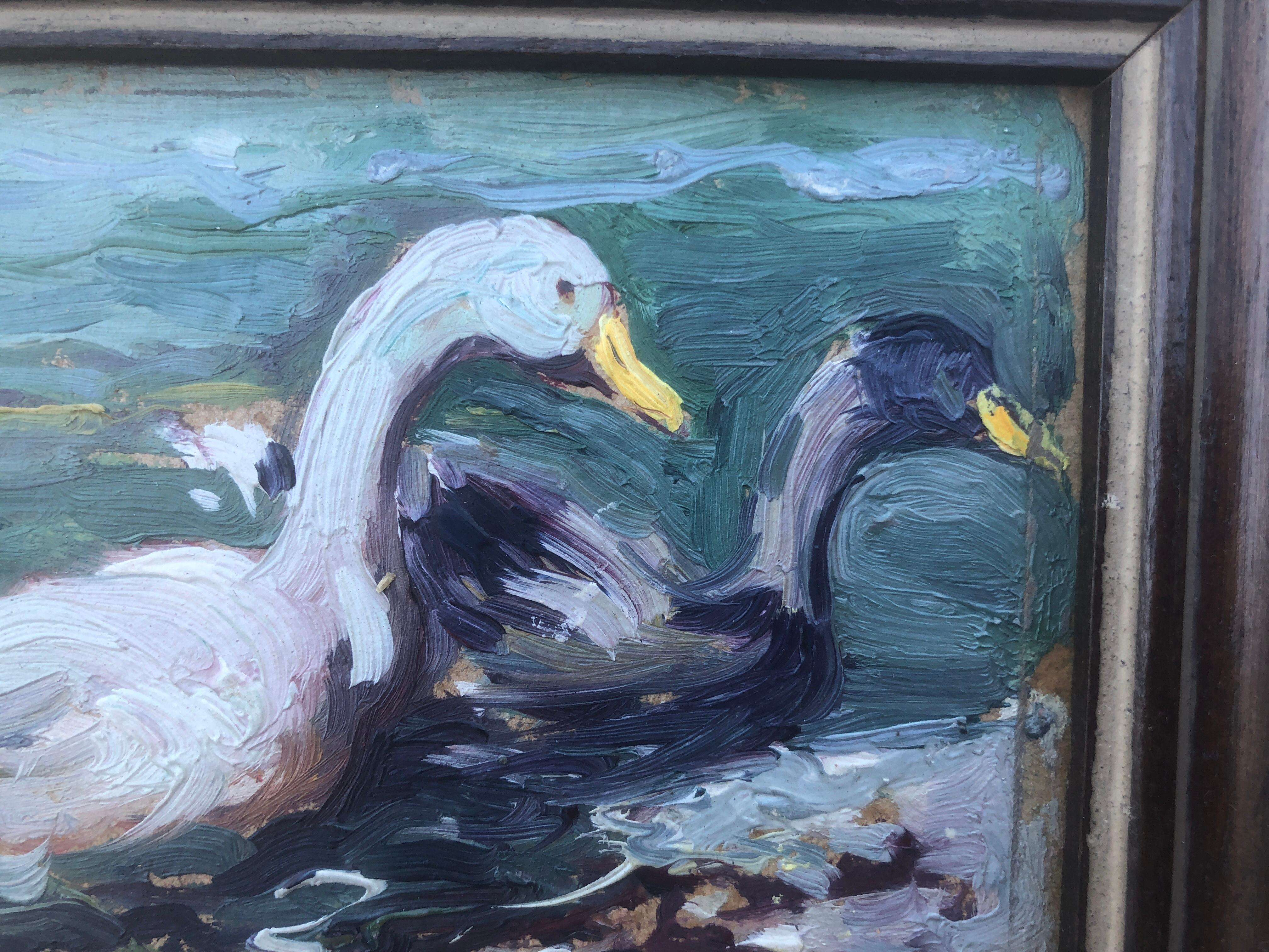 Swans oil on cardboard painting impressionism Spain For Sale 2