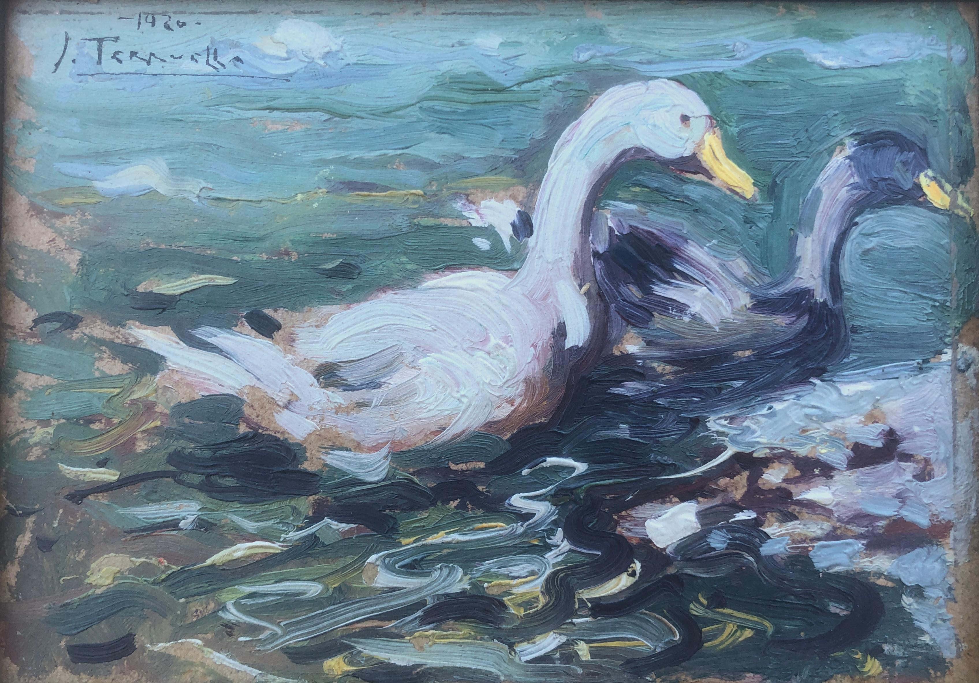 Joaquin Terruella Matilla Animal Painting - Swans oil on cardboard painting impressionism Spain