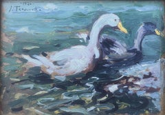Antique Swans oil on cardboard painting impressionism Spain