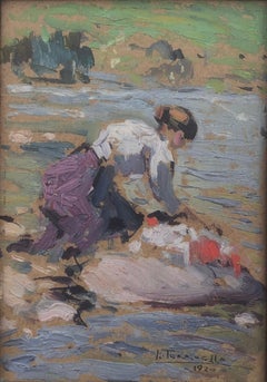 Washerwoman huile sur carton peinture impressionniste Espagne femme