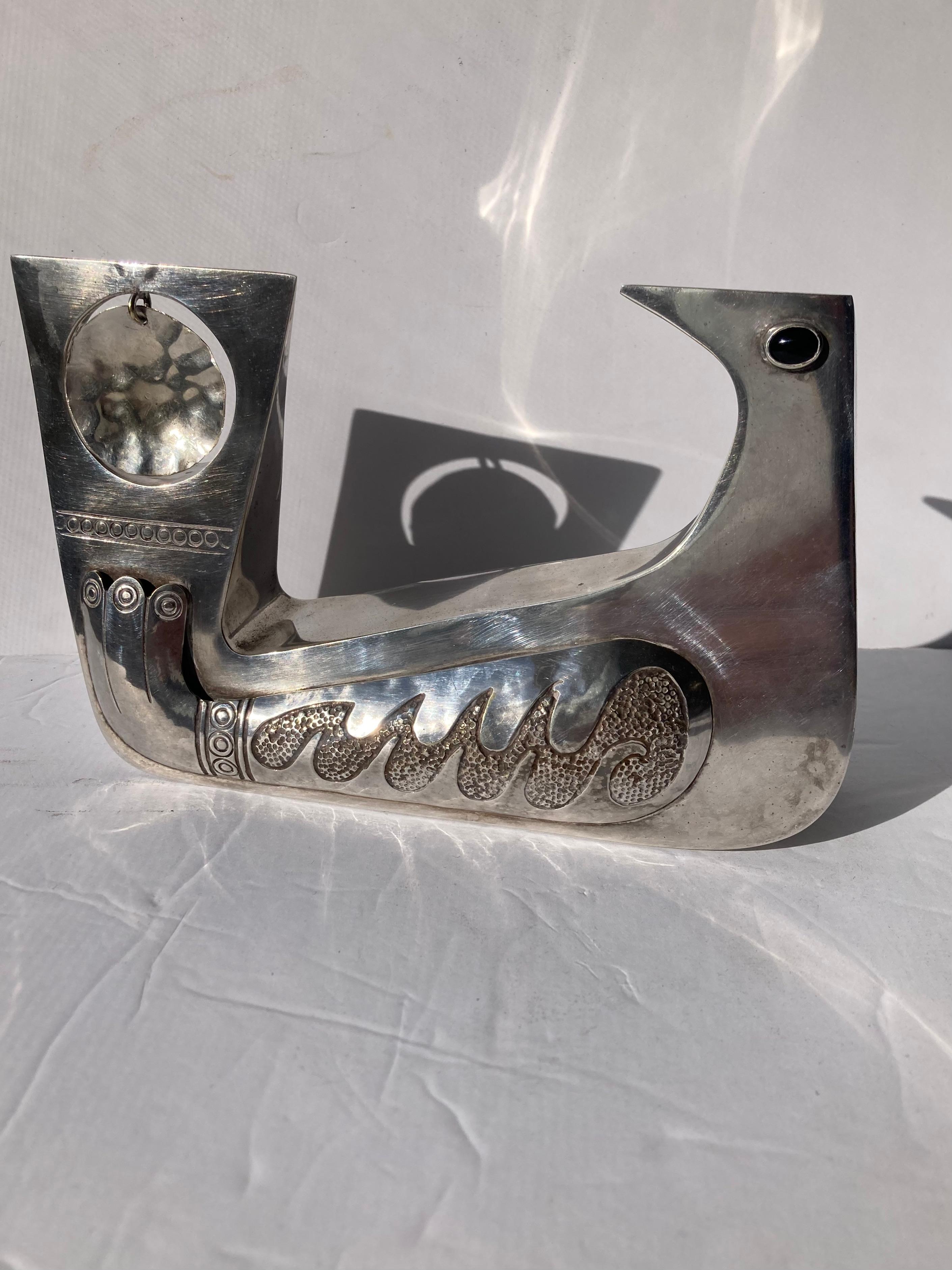 Modern Joaquin Tinta Taller Ecuador Silver Plate  Bird Sculpture with Onyx Eyes, Marked For Sale