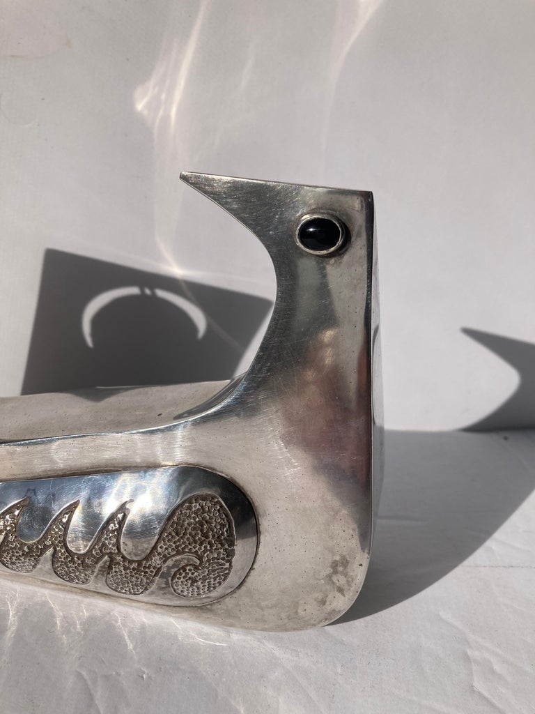 Hand-Crafted Joaquin Tinta Taller Ecuador Silver Plate  Bird Sculpture with Onyx Eyes, Marked For Sale