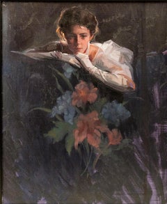 "Portrait of Angeles with Flowers" Woman in White Satin Gown, Red and Blue Bloom