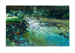 "Impressionist Creek" Large Landscape Serigraph Blue Green Turquoise Water Sun