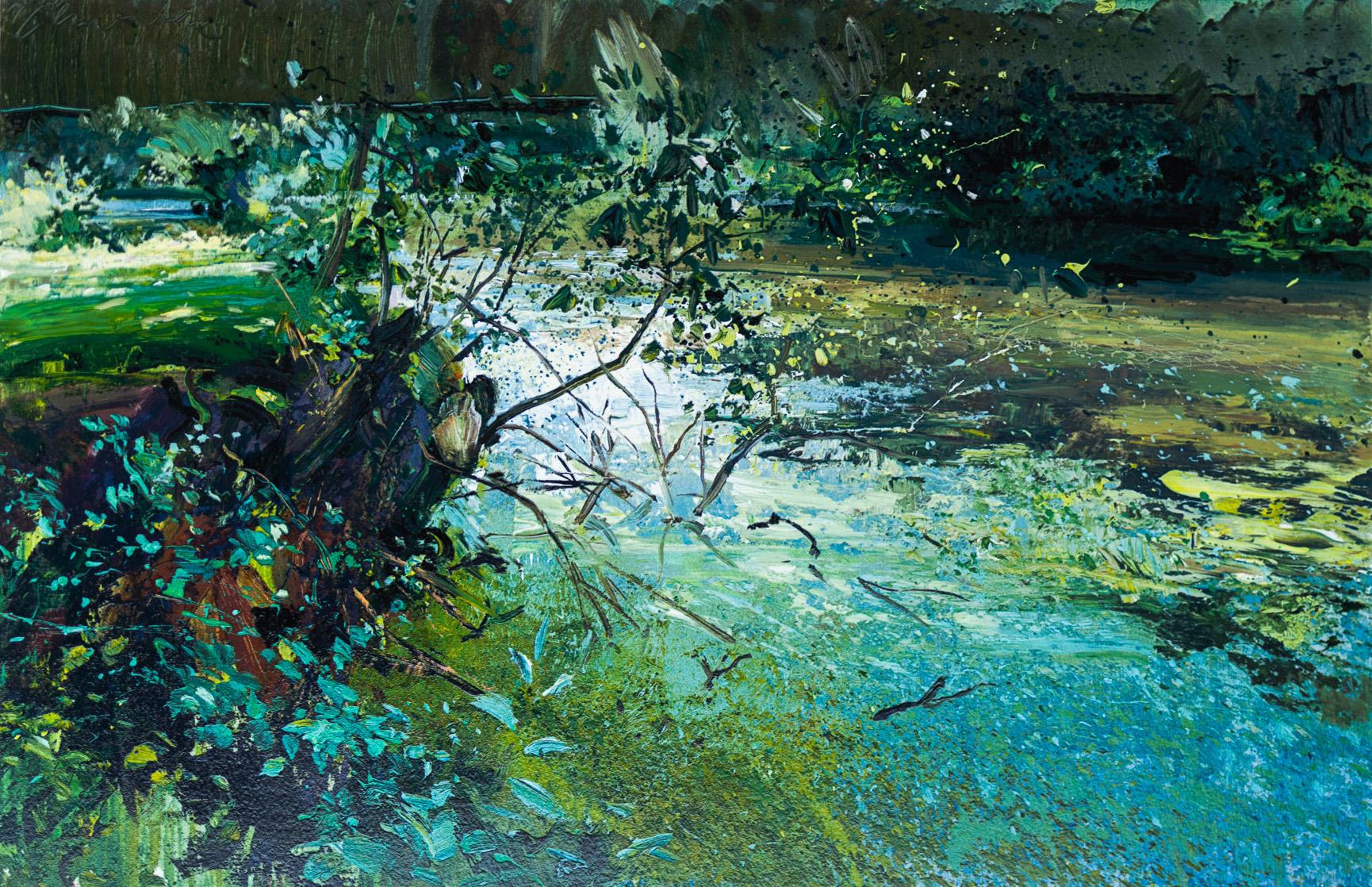 Joaquin Torrents Llado Landscape Print - "Impressionist Creek" Large Landscape Serigraph Blue Green Turquoise Water Sun