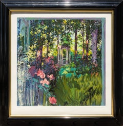 "Jadín State Park" Bunte Serigraphie einer üppigen Blumengarten-Szene Rosen Gartenlaube