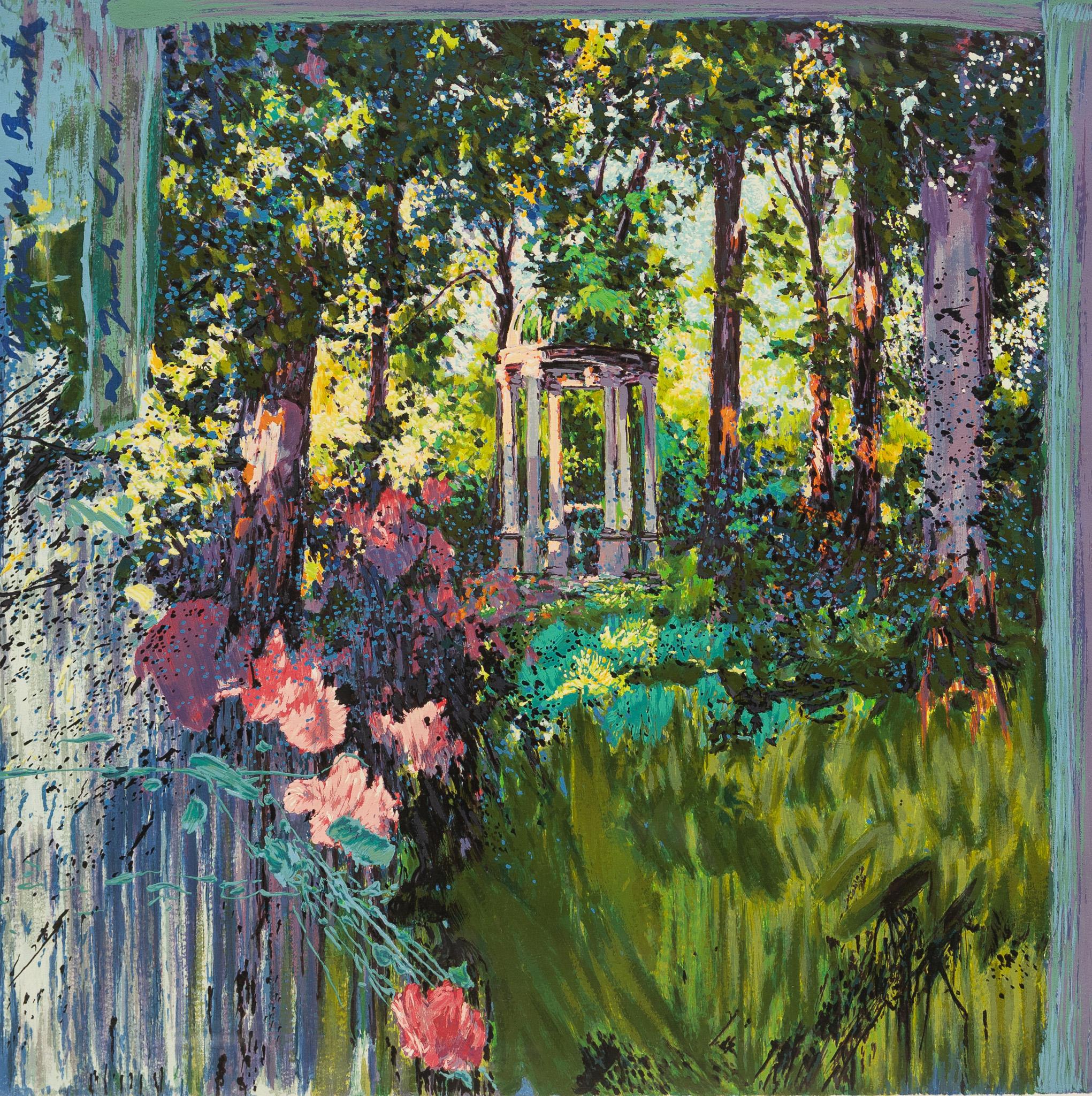 "Parque Estatal de Jadín" Serigrafía colorista de exuberante escena floral de jardín de rosas Gazebo