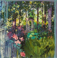 "Parque Estatal de Jadín" Serigrafía colorista de exuberante escena floral de jardín de rosas Gazebo