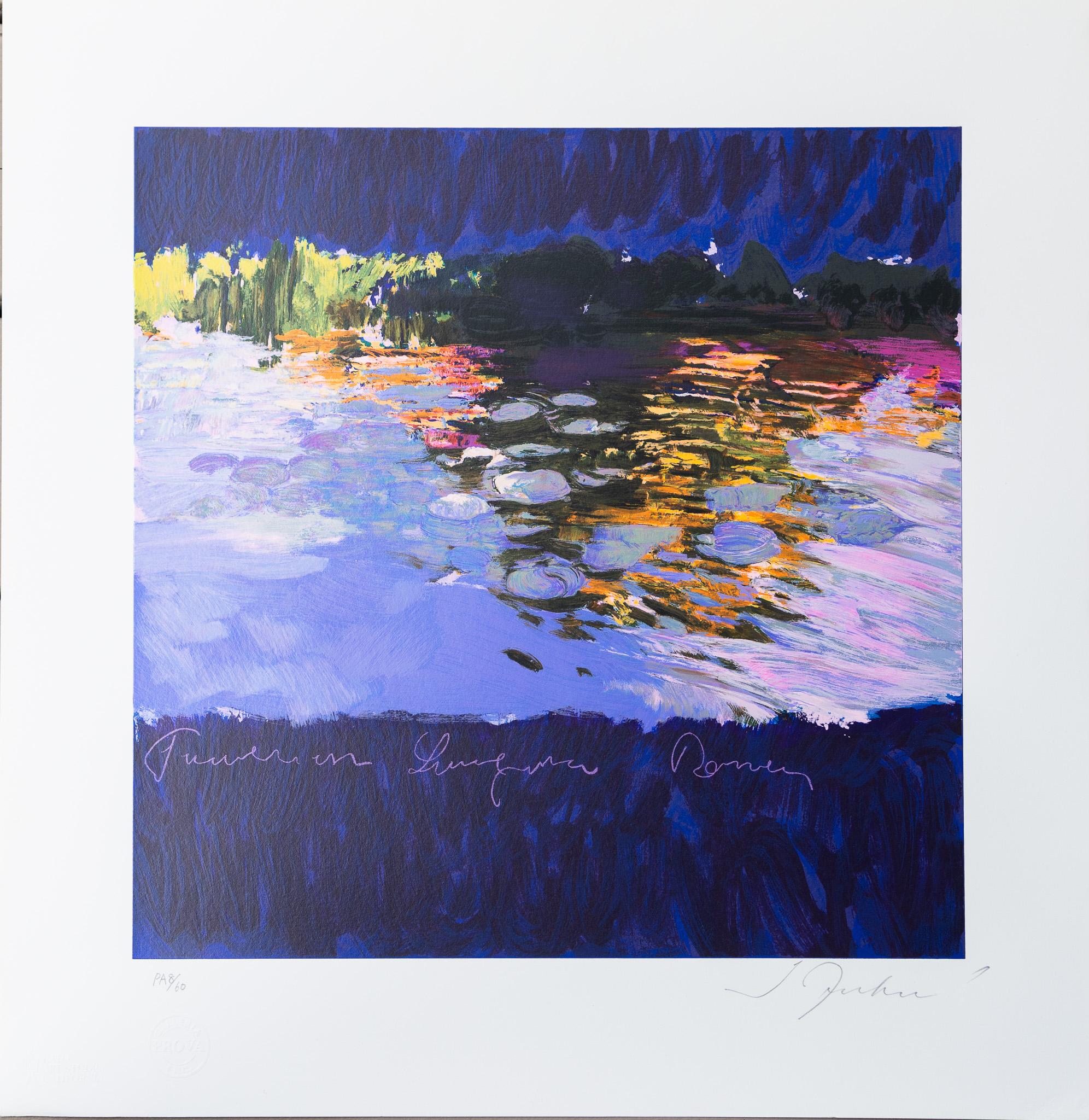 "Reflective Pond with Lily Pads" Colorful Energetic Water Sunlight Blue Magenta