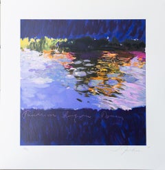 "Reflective Pond with Lily Pads" Colorful Energetic Water Sunlight Blue Magenta
