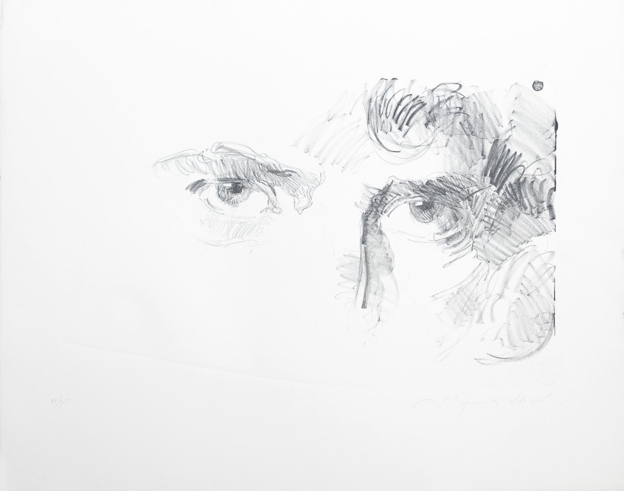 "Self-Portrait" Signierte Lithographie auf Papier Gesicht eines Mannes Augen Haare Dramatischer Blick