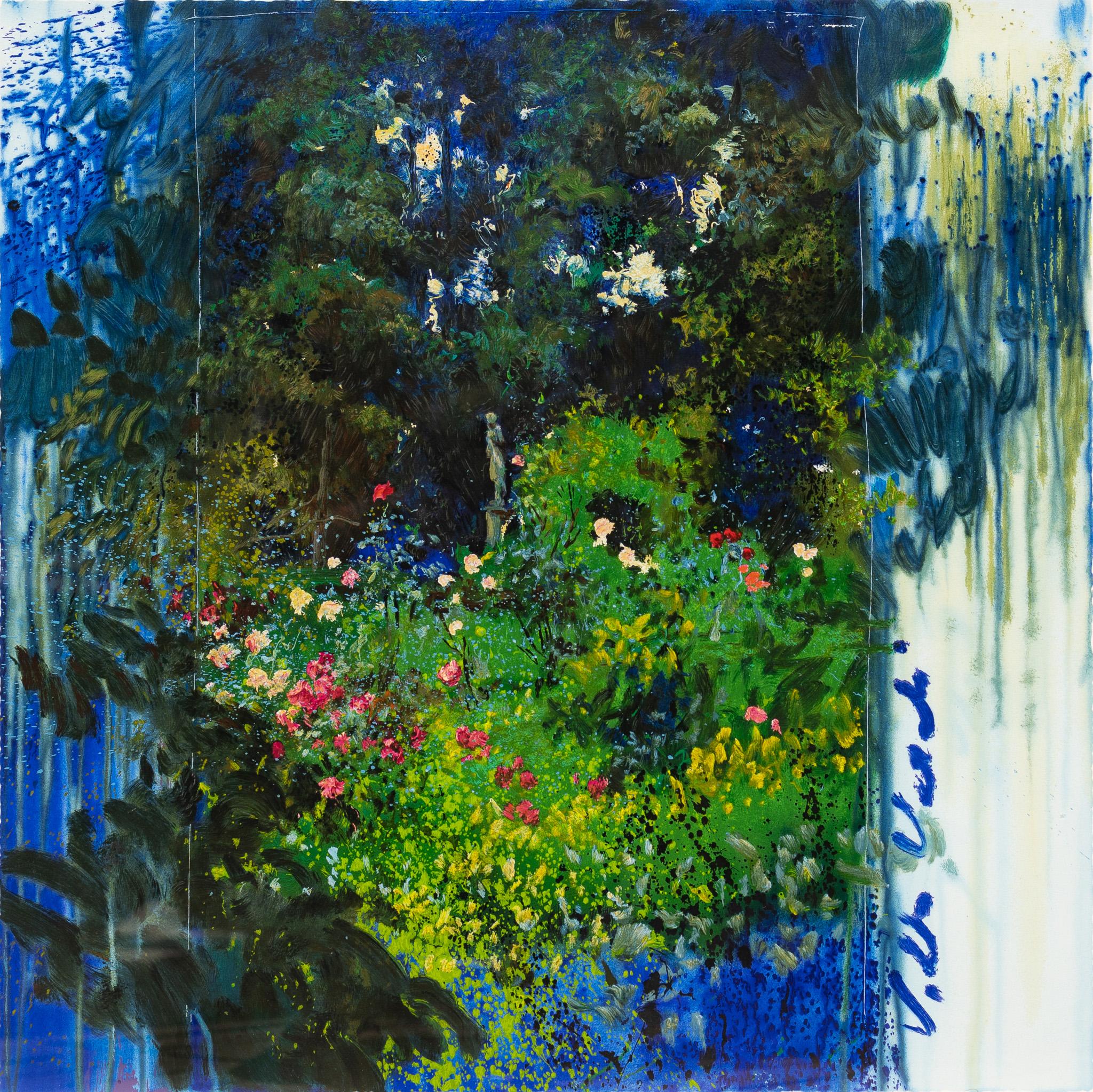 Landscape Print de Joaquin Torrents Llado - "Villa Verde" Escena de exuberante y alegre Rosaleda Bosque Flores Estatua Color Verde