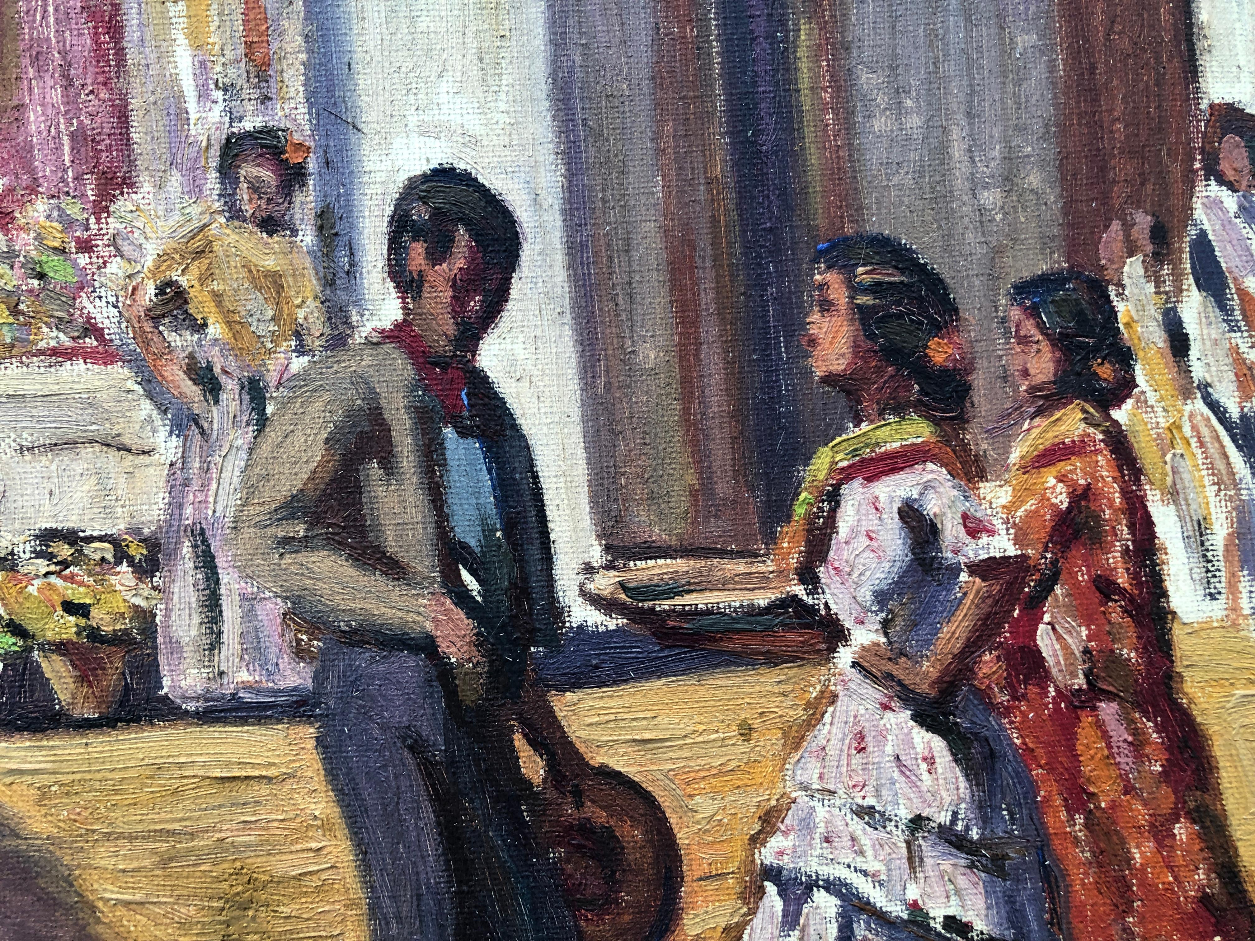 Celebrazione in piazza olio su tela - Figurative Painting Marrone di Joaquin Tudela