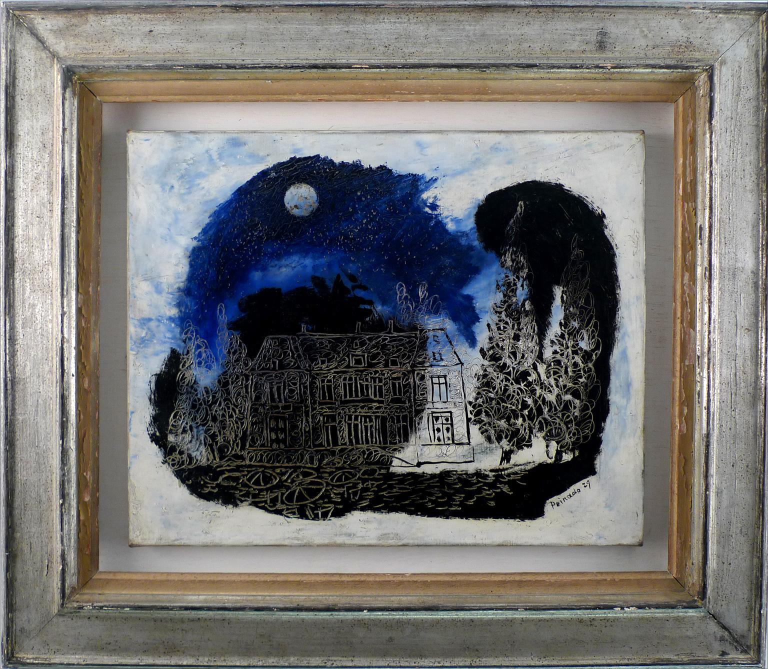 Joaquín Peinado Figurative Painting – ""Chteau unter dem Mond" 1929, 20. Jahrhundert Öl auf Leinwand von Joaqun Peinado