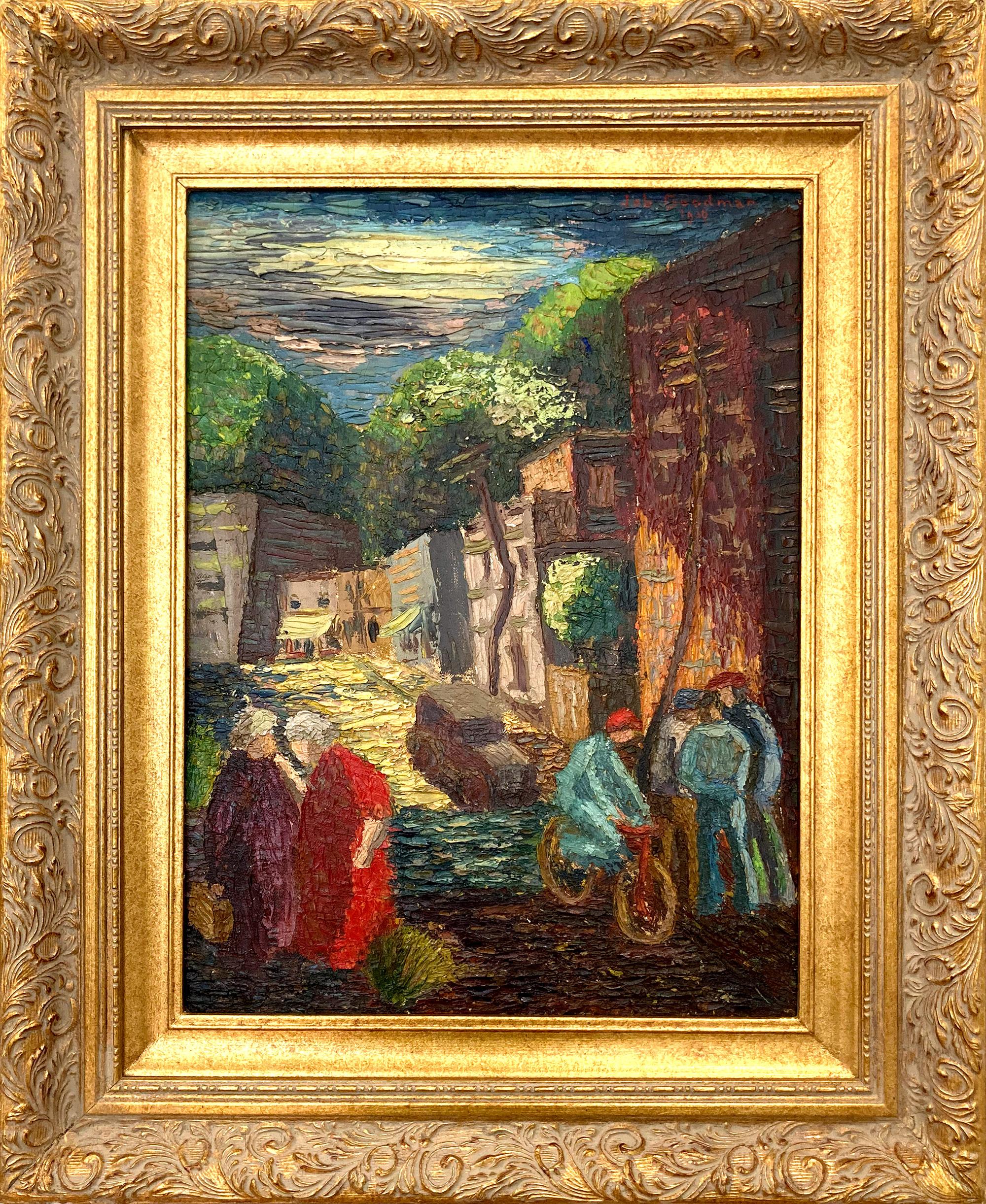 Job Goodman Abstract Painting - "Village Gossip" Figures in a Village Impressionistic Oil Painting on Board