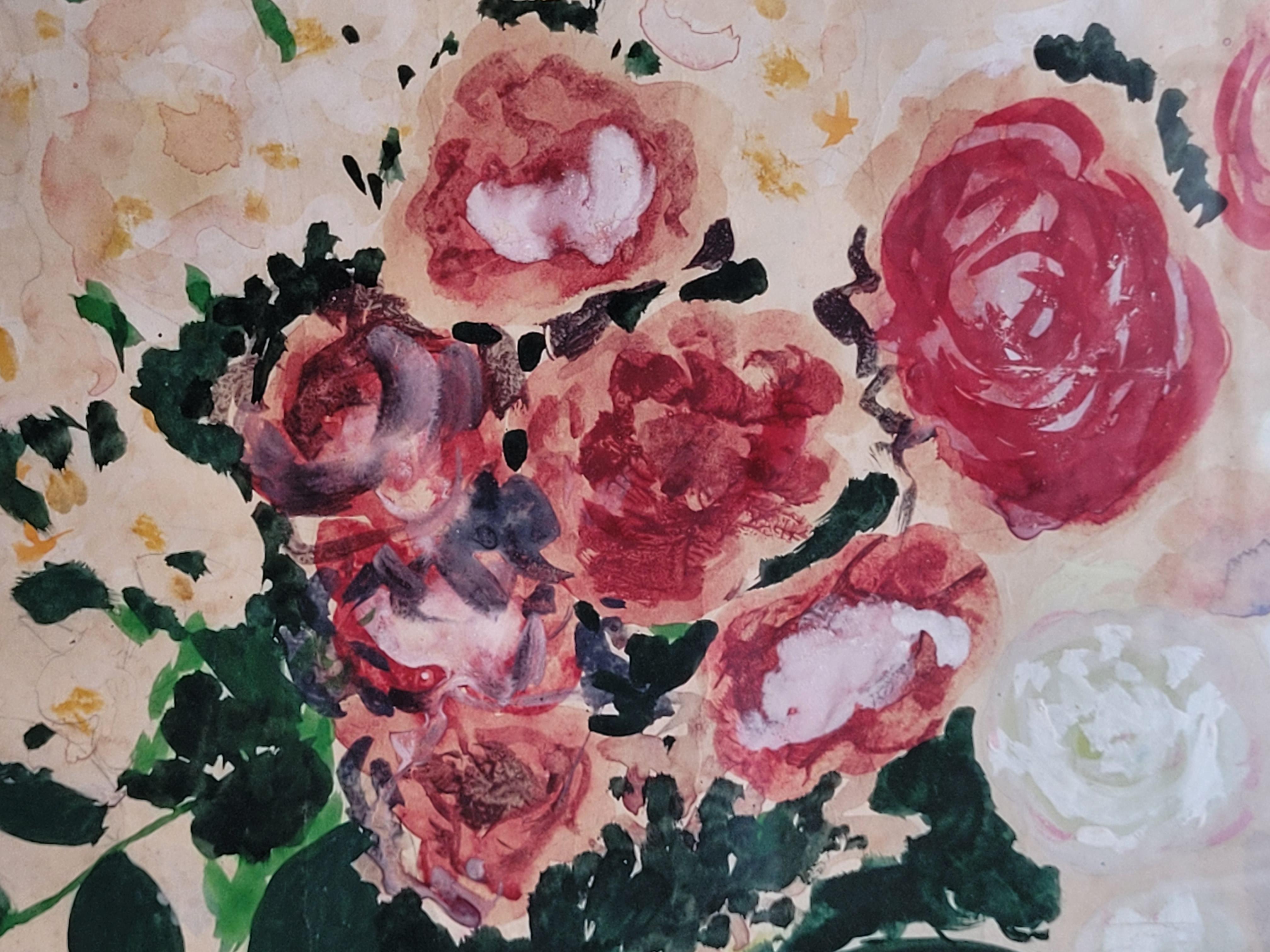 French Gouache & Watercolour, Still-Life of Roses in a Confit Jarre. For Sale 8