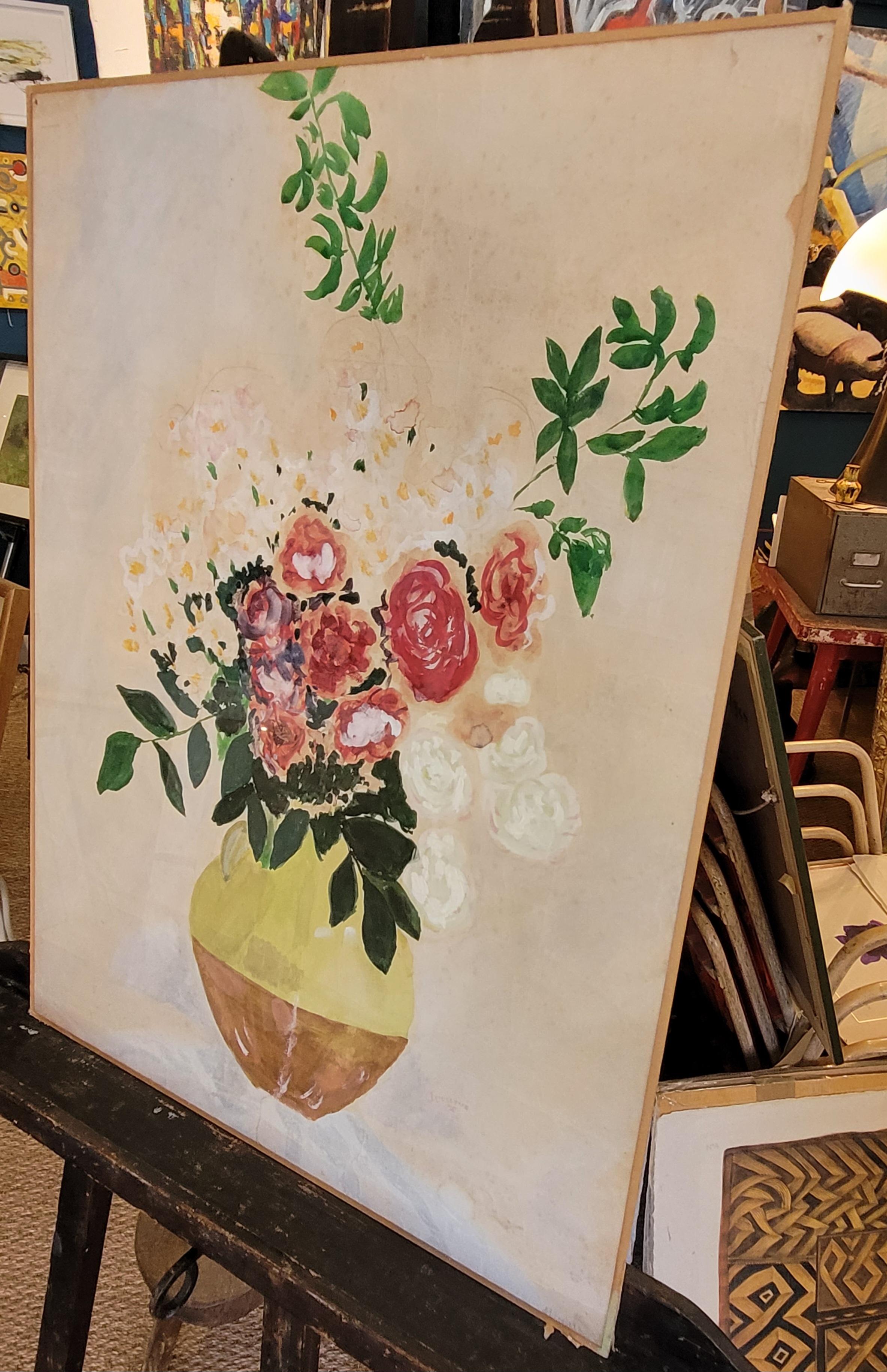 French Gouache & Watercolour, Still-Life of Roses in a Confit Jarre. For Sale 12