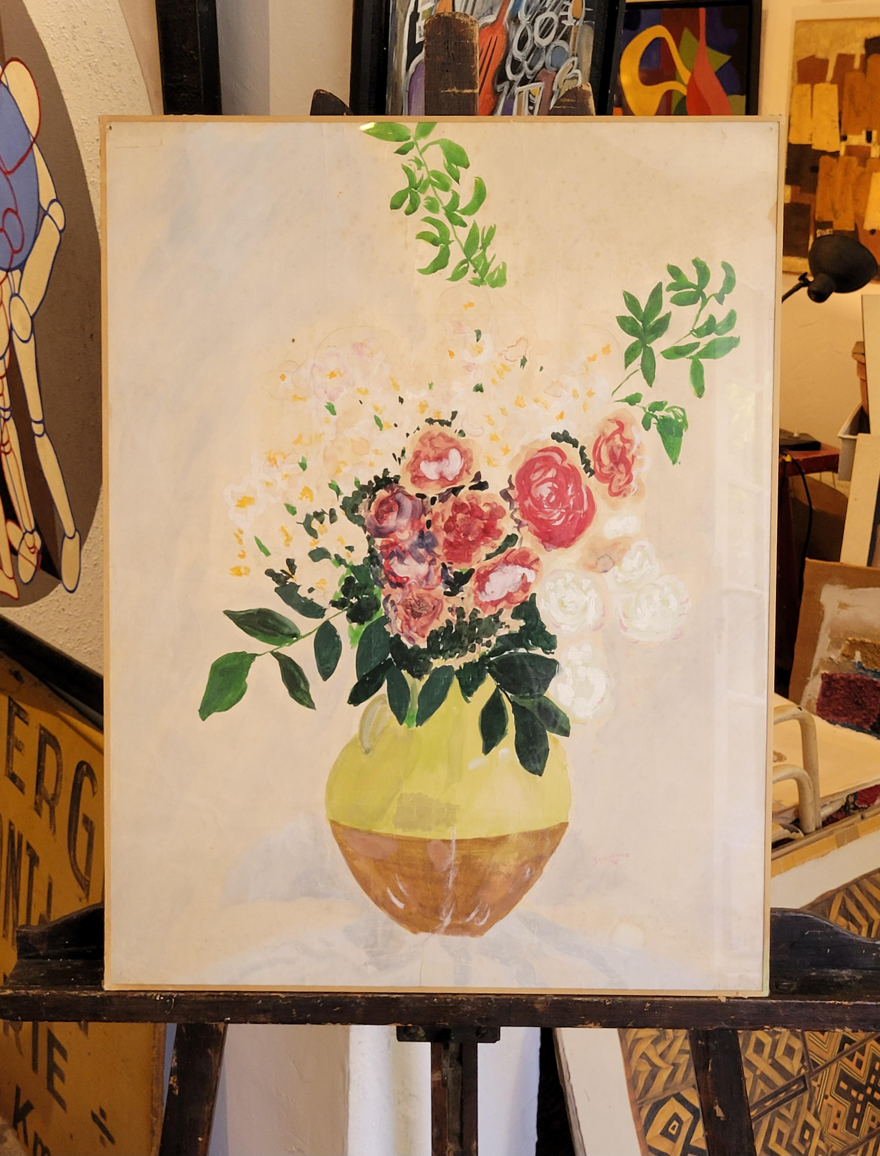 French Gouache & Watercolour, Still-Life of Roses in a Confit Jarre. For Sale 14