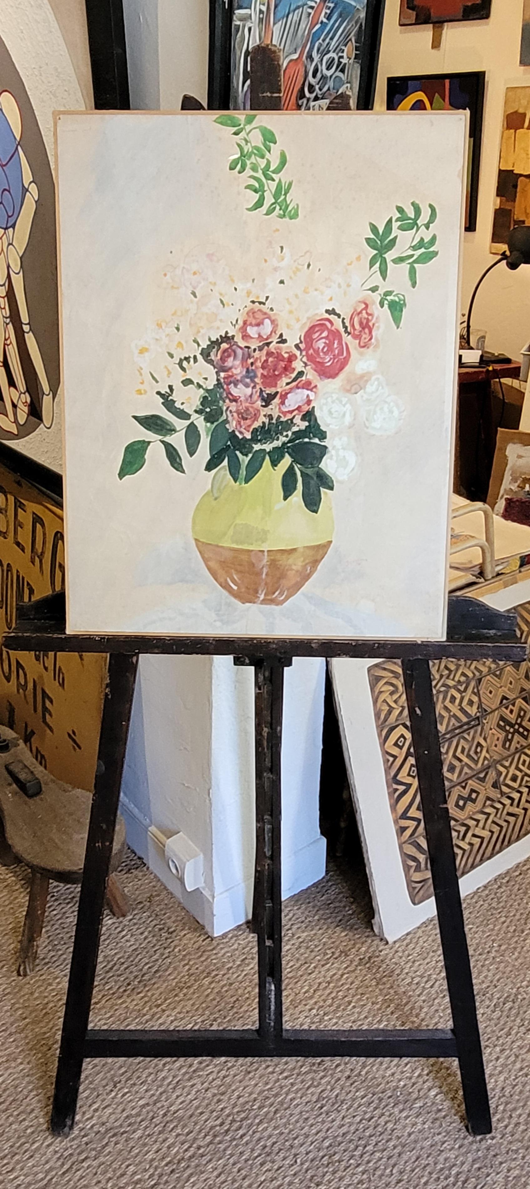 French Gouache & Watercolour, Still-Life of Roses in a Confit Jarre. For Sale 15