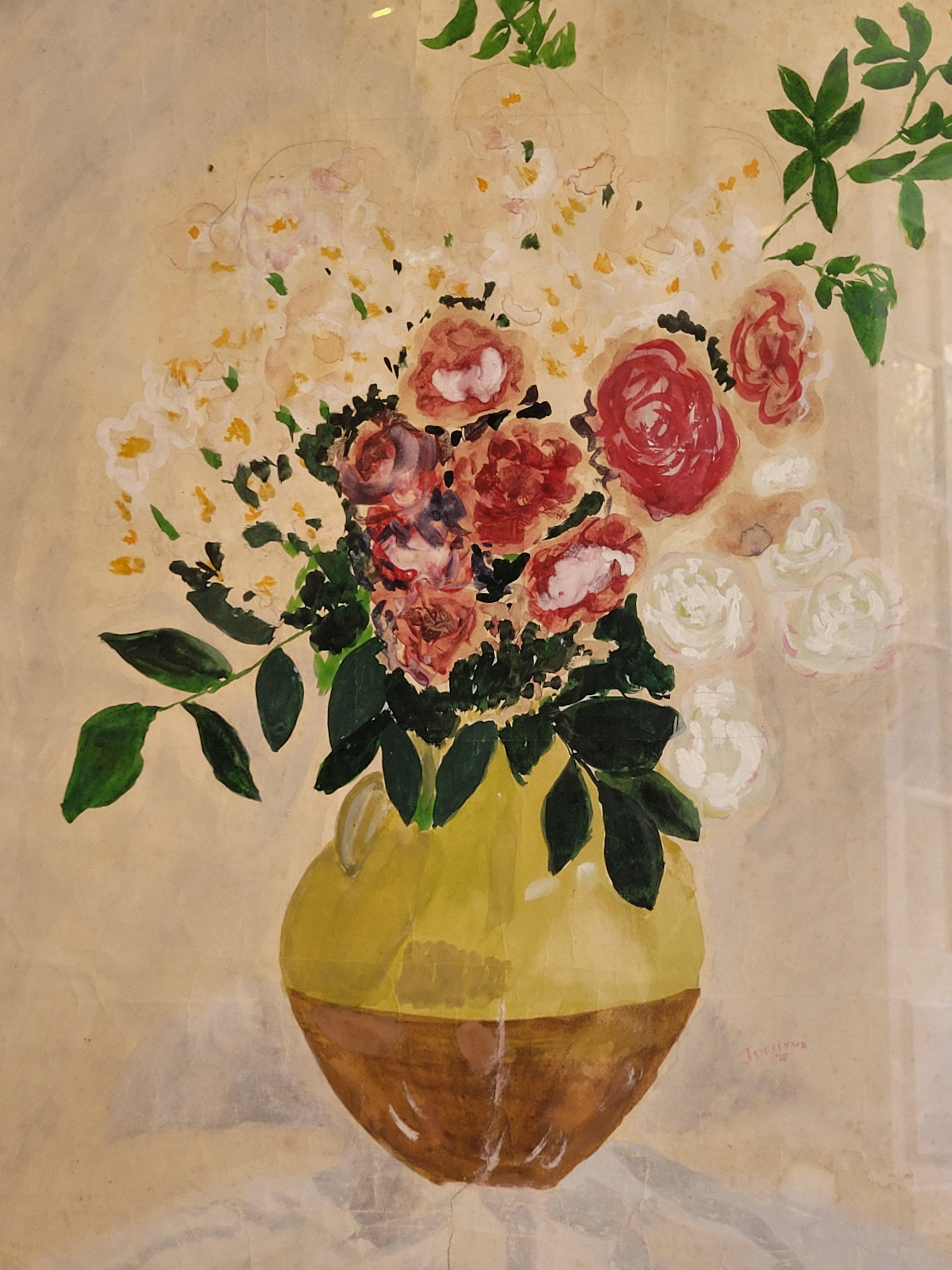 French Gouache & Watercolour, Still-Life of Roses in a Confit Jarre. - Painting by Jocelyn