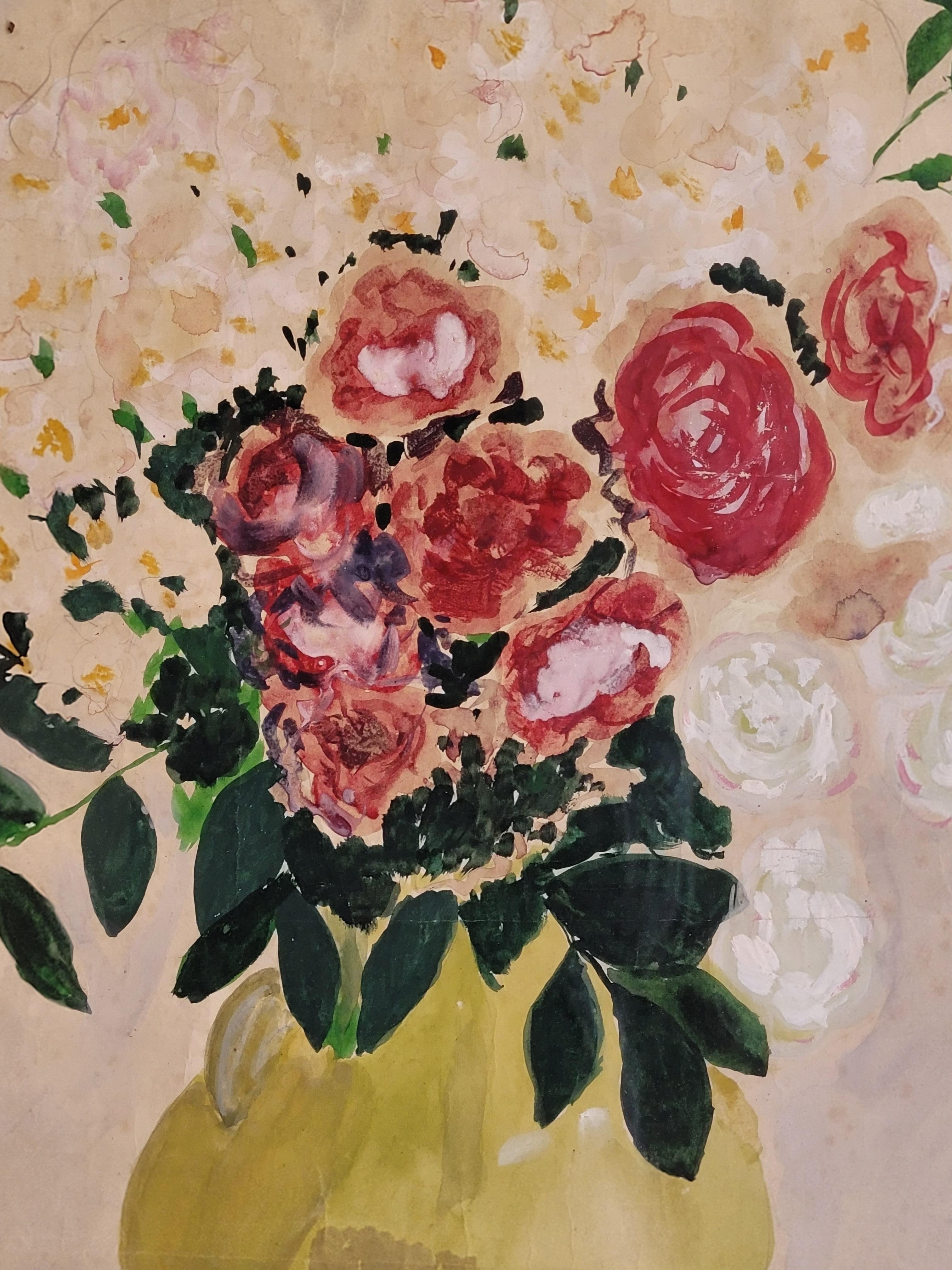French Gouache & Watercolour, Still-Life of Roses in a Confit Jarre. - Beige Still-Life Painting by Jocelyn