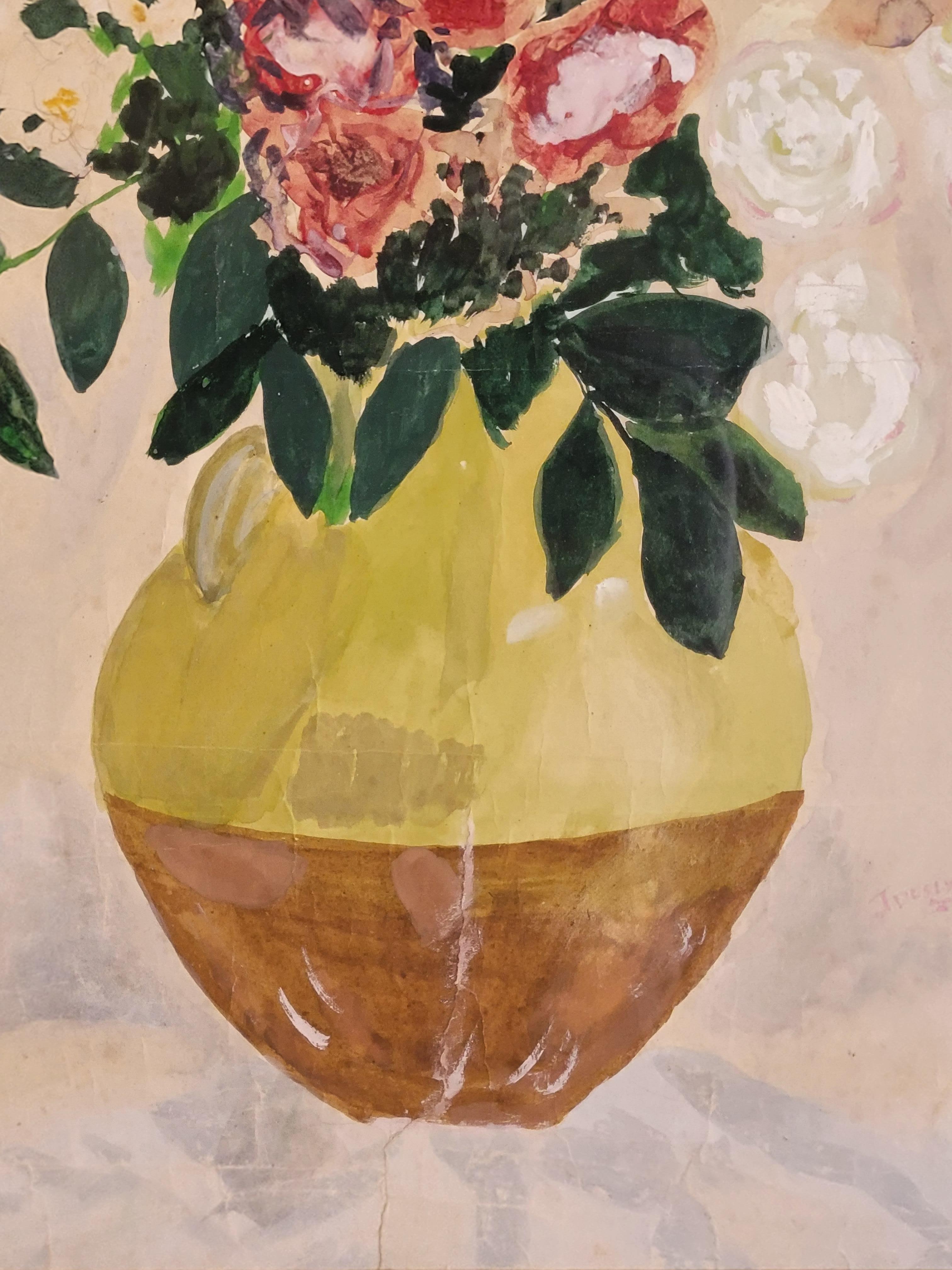 A beautiful fresh and lively original French gouache and watercolour of a still-life of roses in a Provençal 'confit jarre'. Signed Jocelyn to the lower right. The work is currently under glass with paper 'edging' but can be shipped without glass