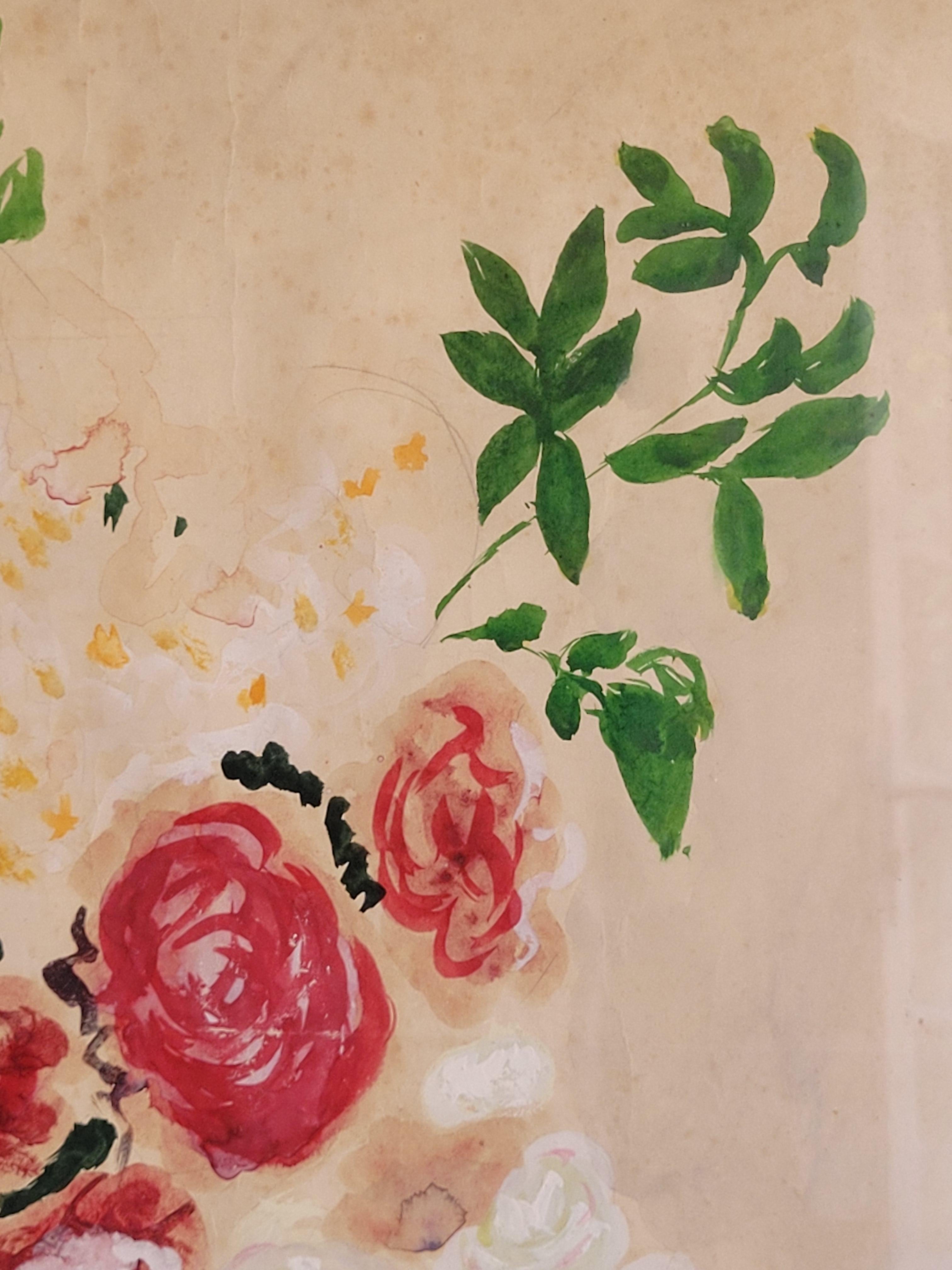 French Gouache & Watercolour, Still-Life of Roses in a Confit Jarre. For Sale 1