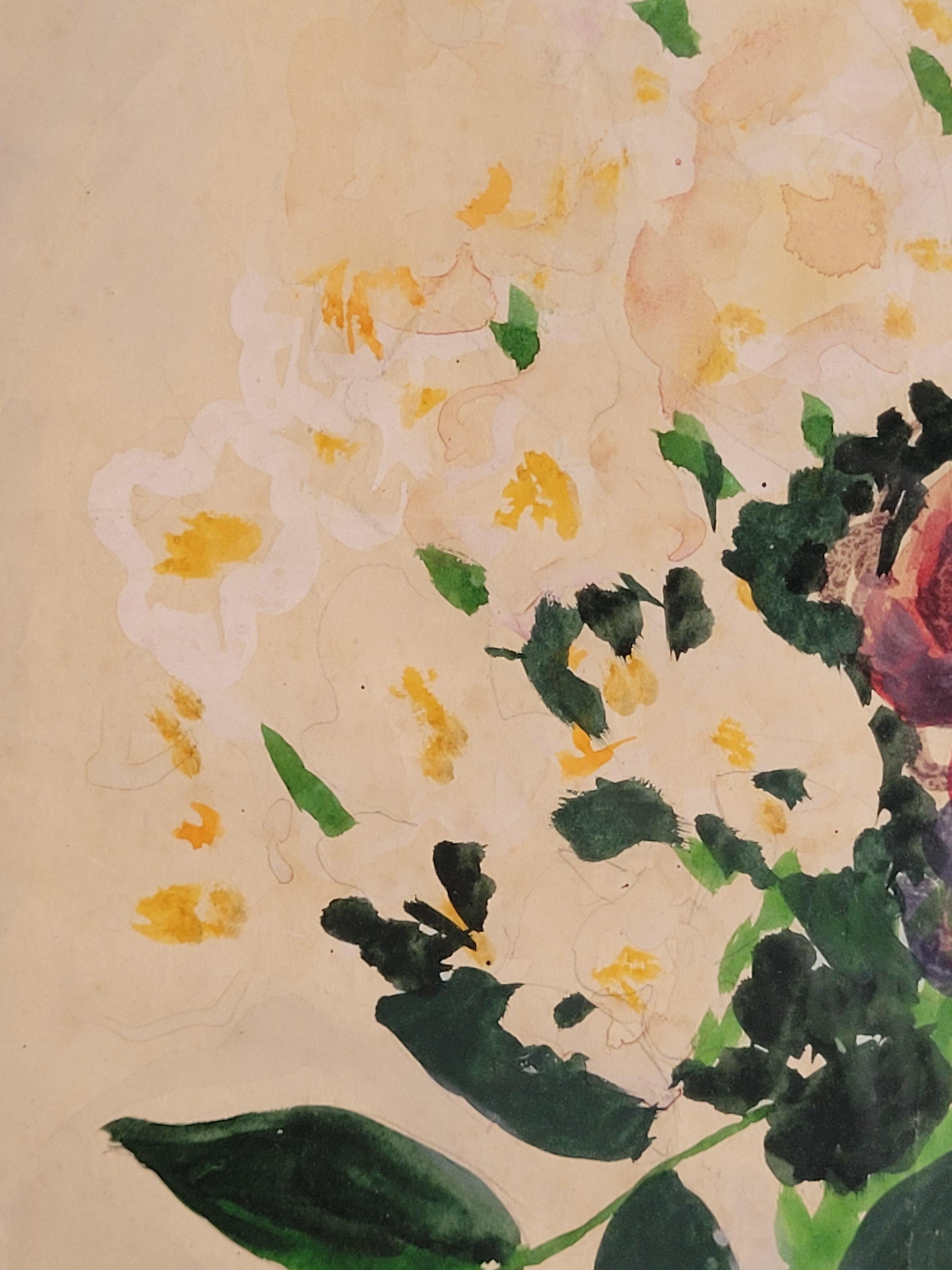 French Gouache & Watercolour, Still-Life of Roses in a Confit Jarre. For Sale 3