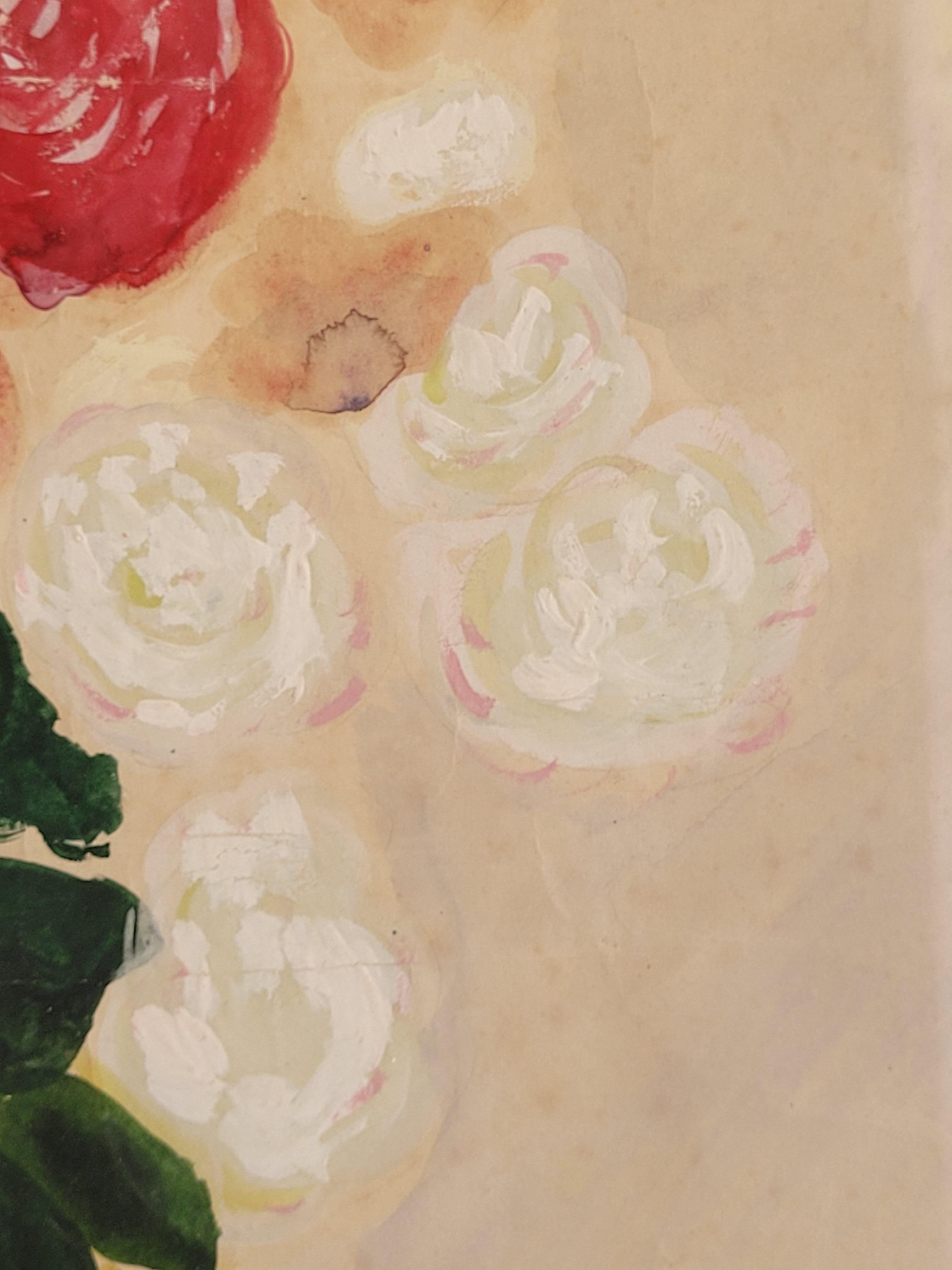 French Gouache & Watercolour, Still-Life of Roses in a Confit Jarre. For Sale 4