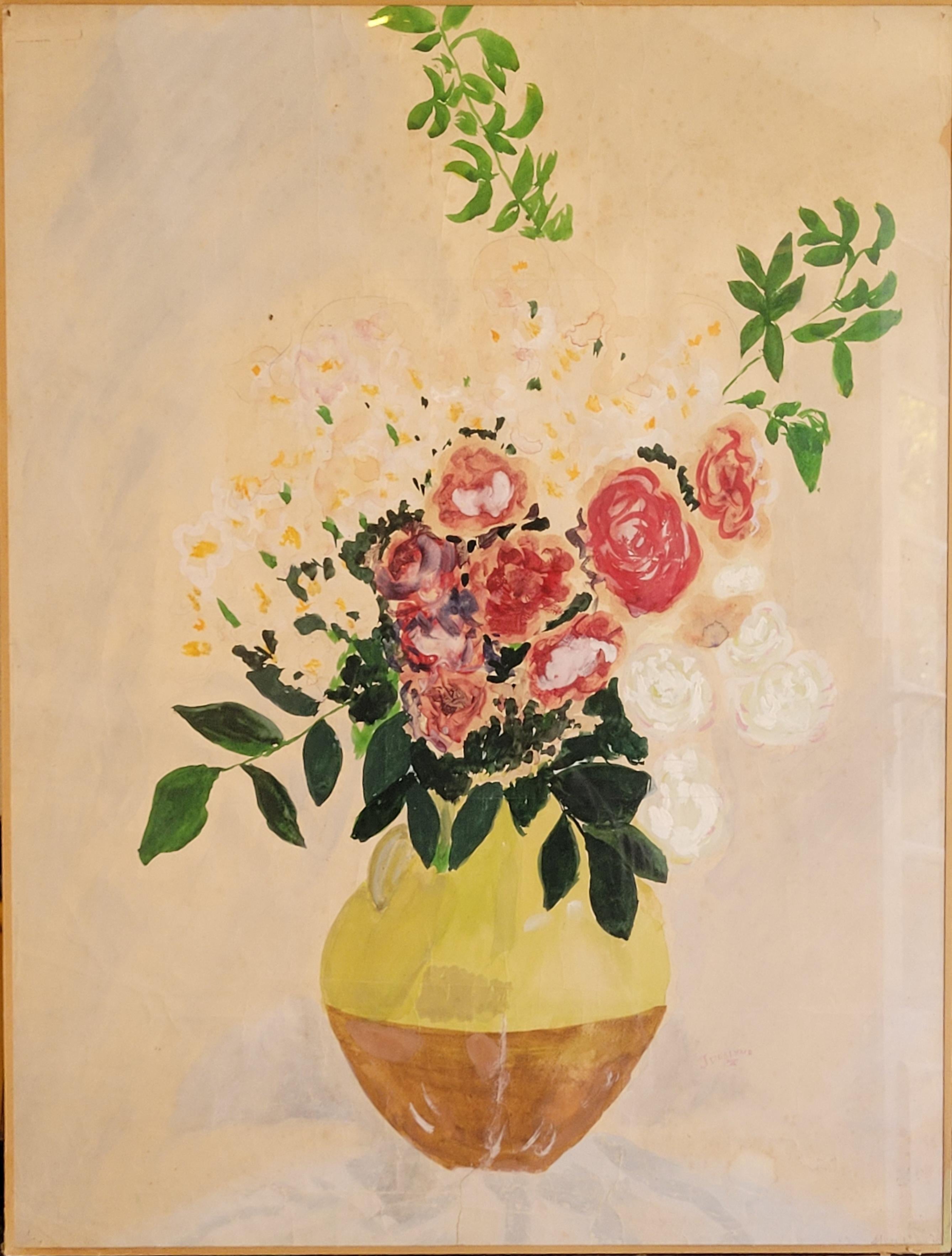 Jocelyn Still-Life Painting - French Gouache & Watercolour, Still-Life of Roses in a Confit Jarre.