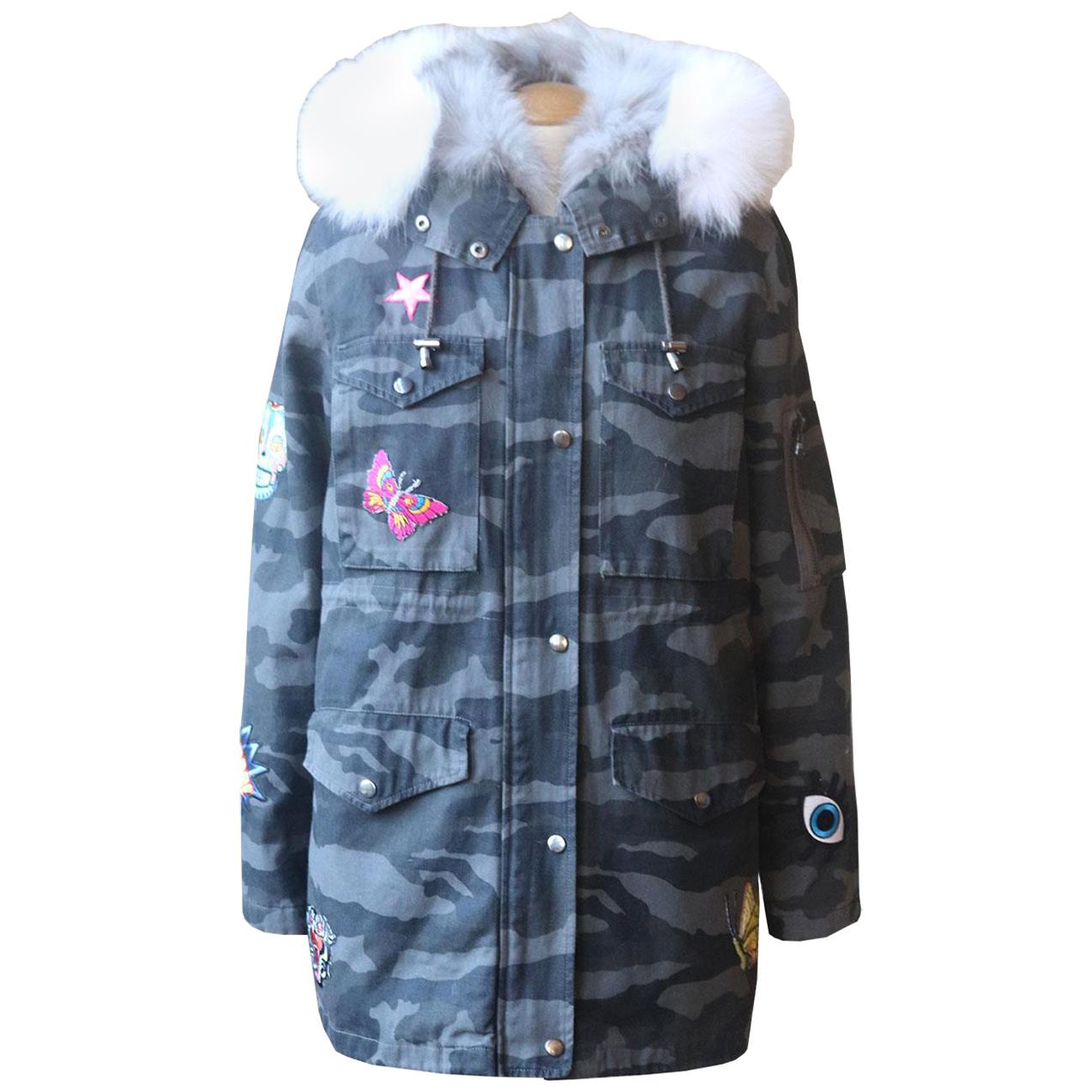 Jocelyn Fox Fur Lined Camouflage Print Cotton Canvas Parka Coat For Sale