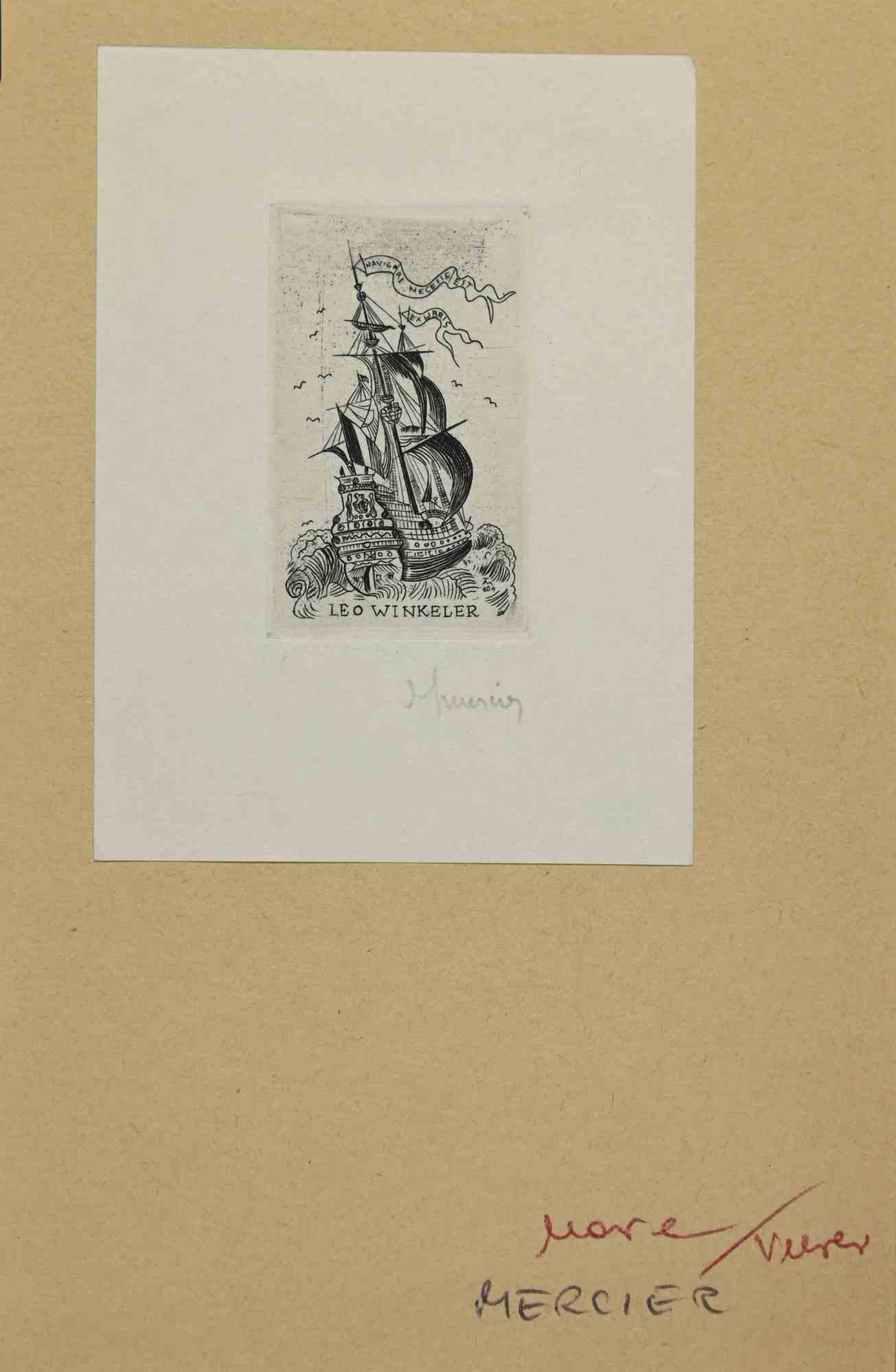 Ex-Libris - Leo Winkeler ist ein Kunstwerk des Künstlers Jocelyn Mercier aus den 1930er Jahren.

Radierung auf Papier. Handsigniert und datiert am rechten Rand.

Das Werk ist auf elfenbeinfarbenen Karton geklebt. Abmessungen insgesamt: 16,5 x 10,5