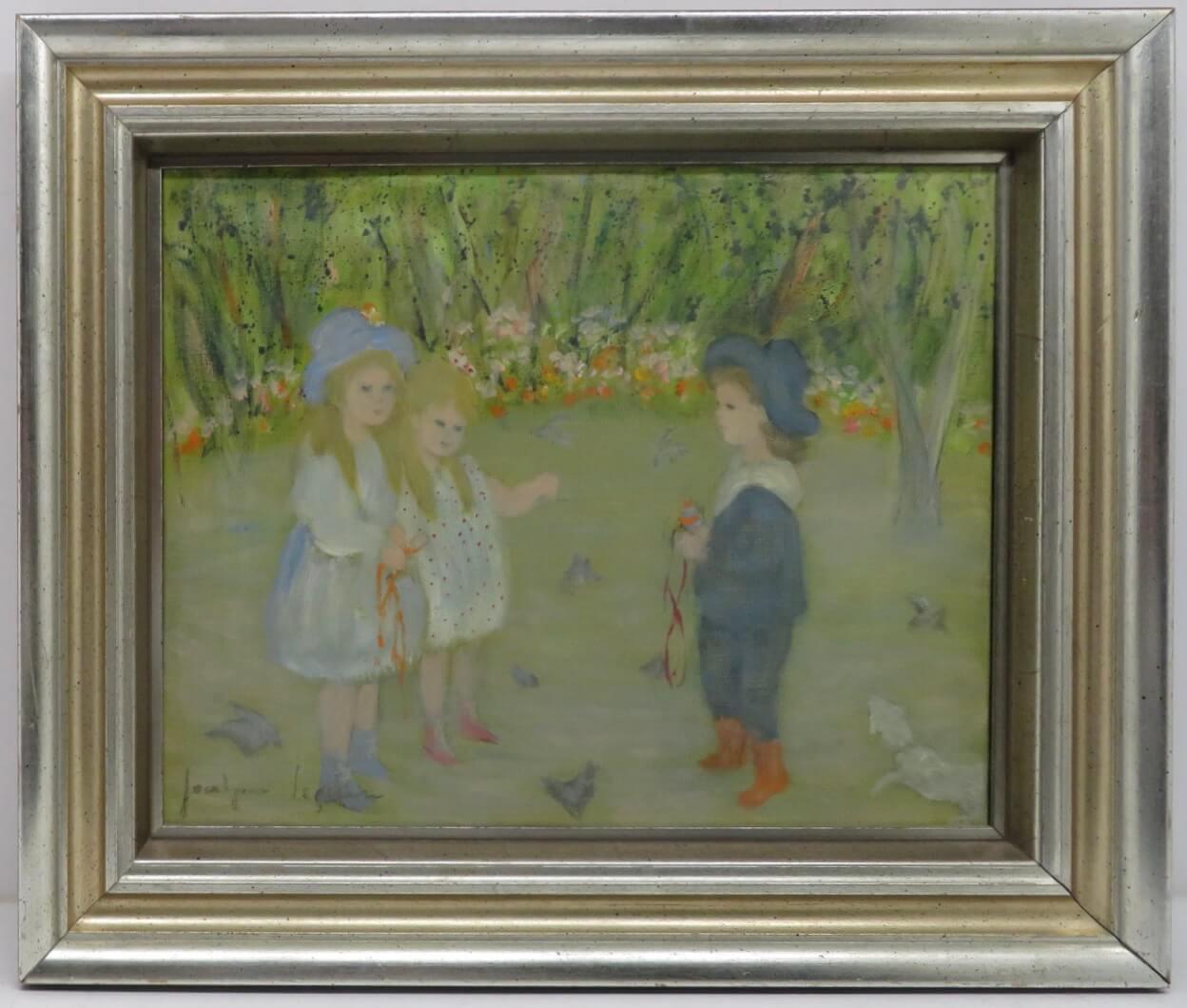 ARTIST: Jocelyne Seguin (1917-1999) French
TITLE:  'Children Playing" 
SIGNED: lower left
MEDIUM: oil on canvas
SIZE: 54cm x 46cm inc frame
CONDITION: excellent 
DETAIL: French painter and lithographer Jocelyne Seguin was born in 1917 and her style