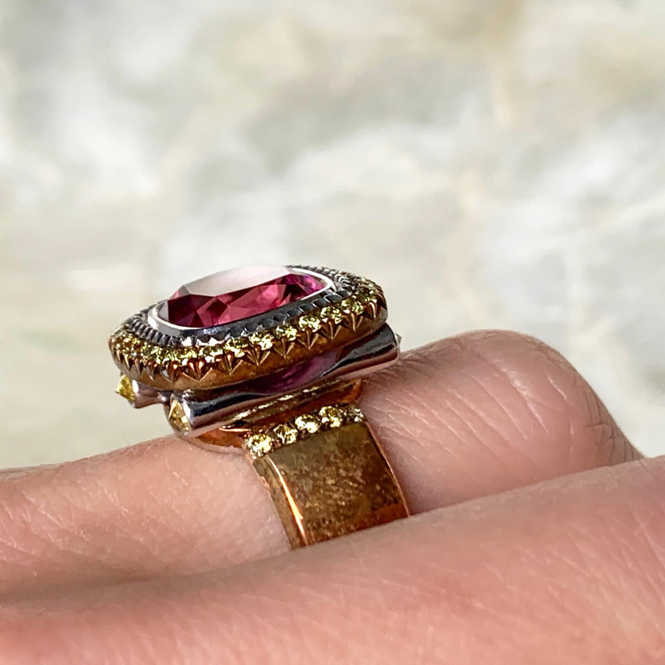 Jochen Leën Pink Tourmaline and Fancy Green Diamond Bronze & Gold Cocktail Ring 5