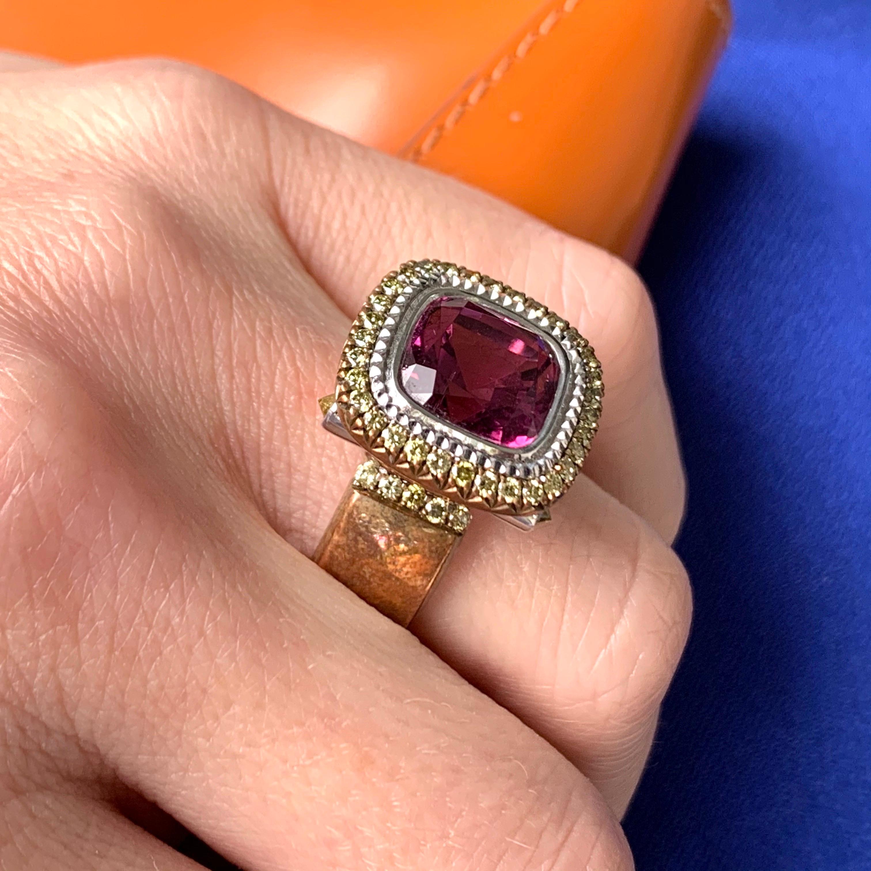 Jochen Leën Pink Tourmaline and Fancy Green Diamond Bronze & Gold Cocktail Ring 9