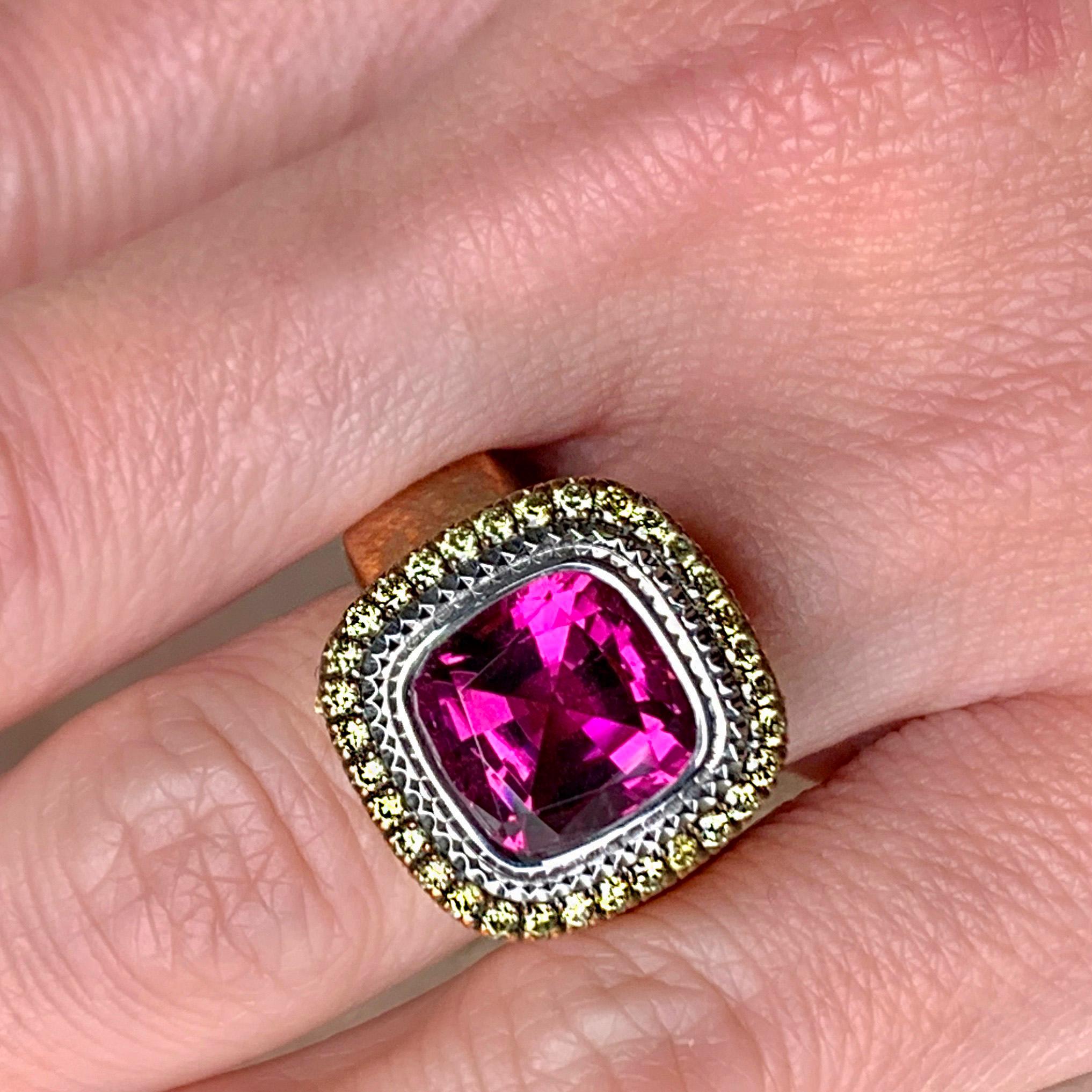 Jochen Leën Pink Tourmaline and Fancy Green Diamond Bronze & Gold Cocktail Ring 12