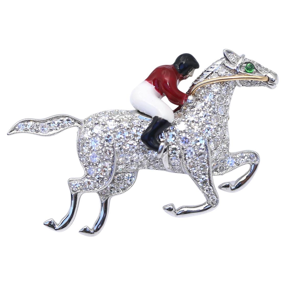 Jockey Horse Racer Diamonds Platinum Enamel Unisex Brooch, 1975