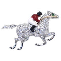 Jockey Horse Racer Diamonds Platinum Enamel Unisex Brooch Boxed, 1975