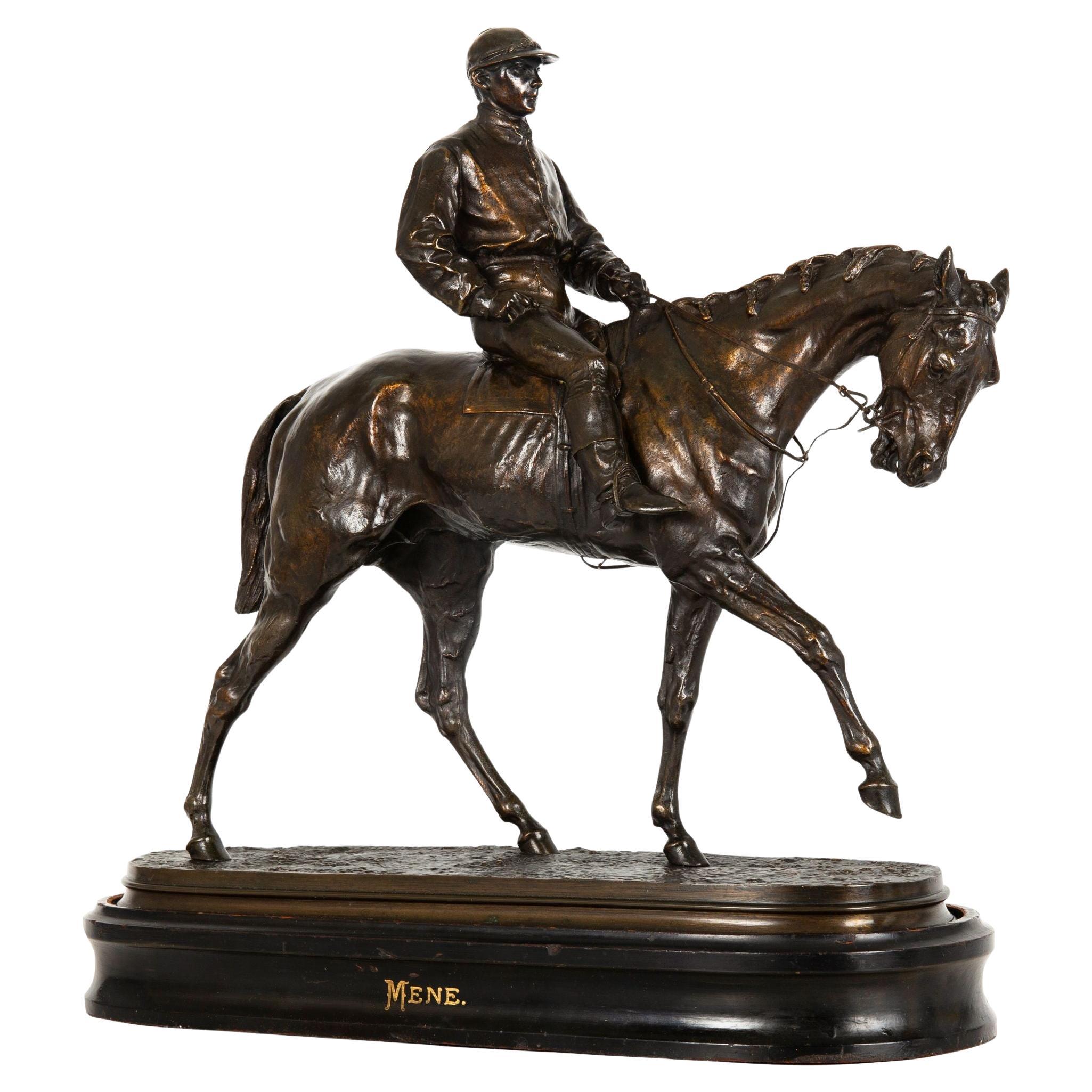 Fantino e cavallo, "Vainqueur du Derby" Scultura in bronzo di Pierre Jules Mene