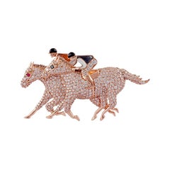 Jockey Riding Galloping Horses Brooch with Pave Set Diamonds in 18 Karat Gold