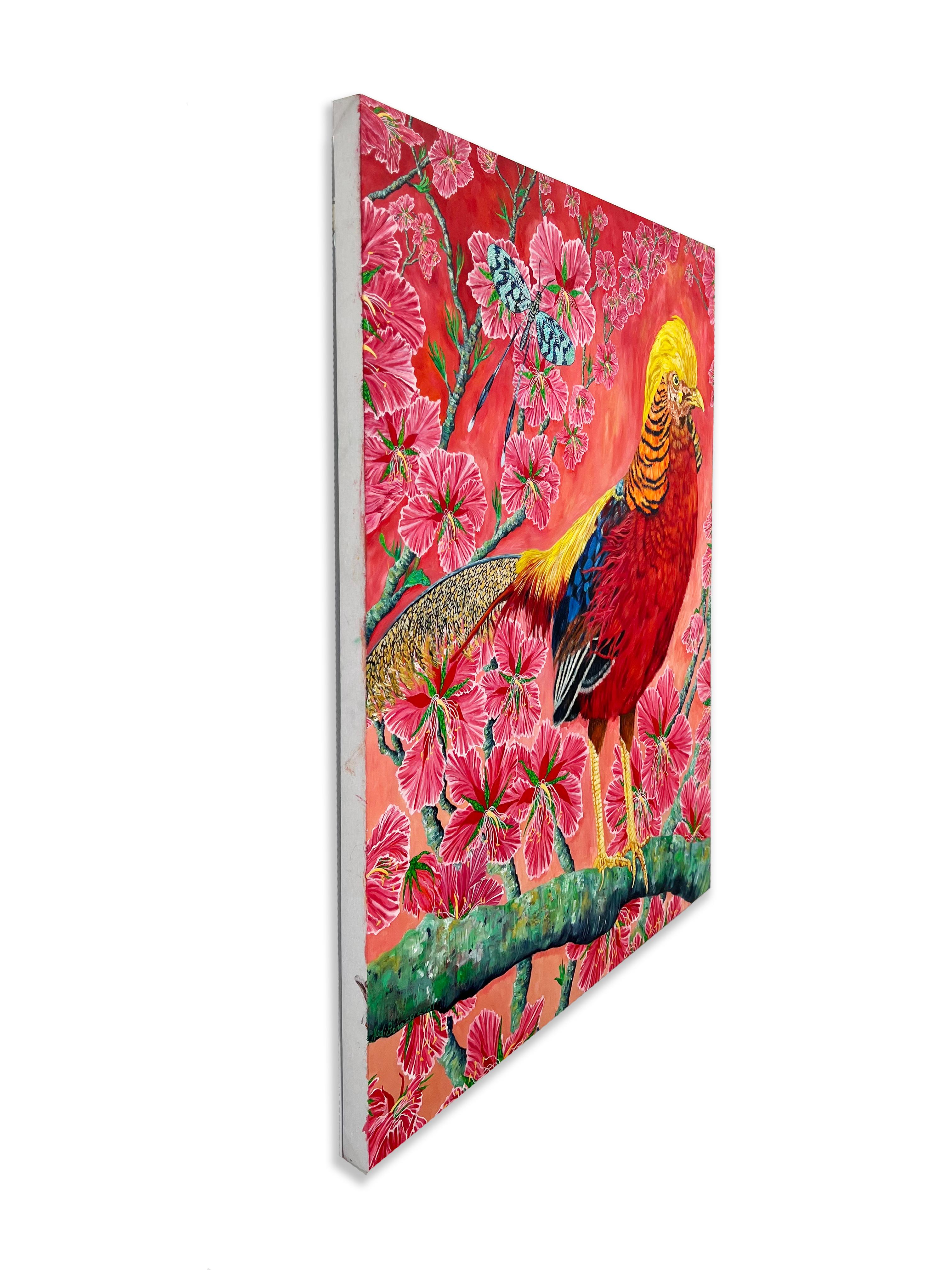 „Goldener Fasan im Garten der Sehnsüchte“ – farbenfrohes hyperrealistisches Acrylgemälde im Angebot 2