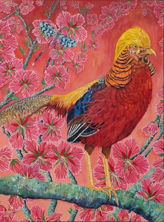 « Golden Pheasant in the Garden of Wishes » - Peinture à l'acrylique colorée hyperréaliste