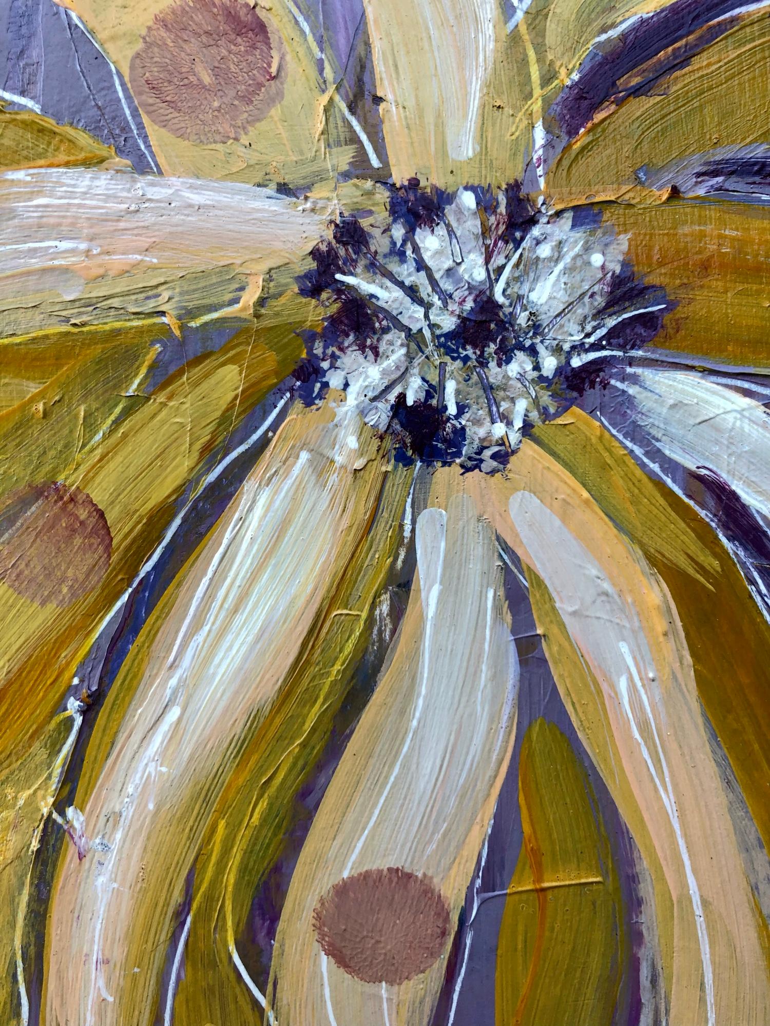 <p>Artist Comments<br>Artist Jodi Dann presents three fully bloomed dahlias in bold shades of yellow, white, and burgundy. She draws inspiration from her daily walk through her glorious garden. 