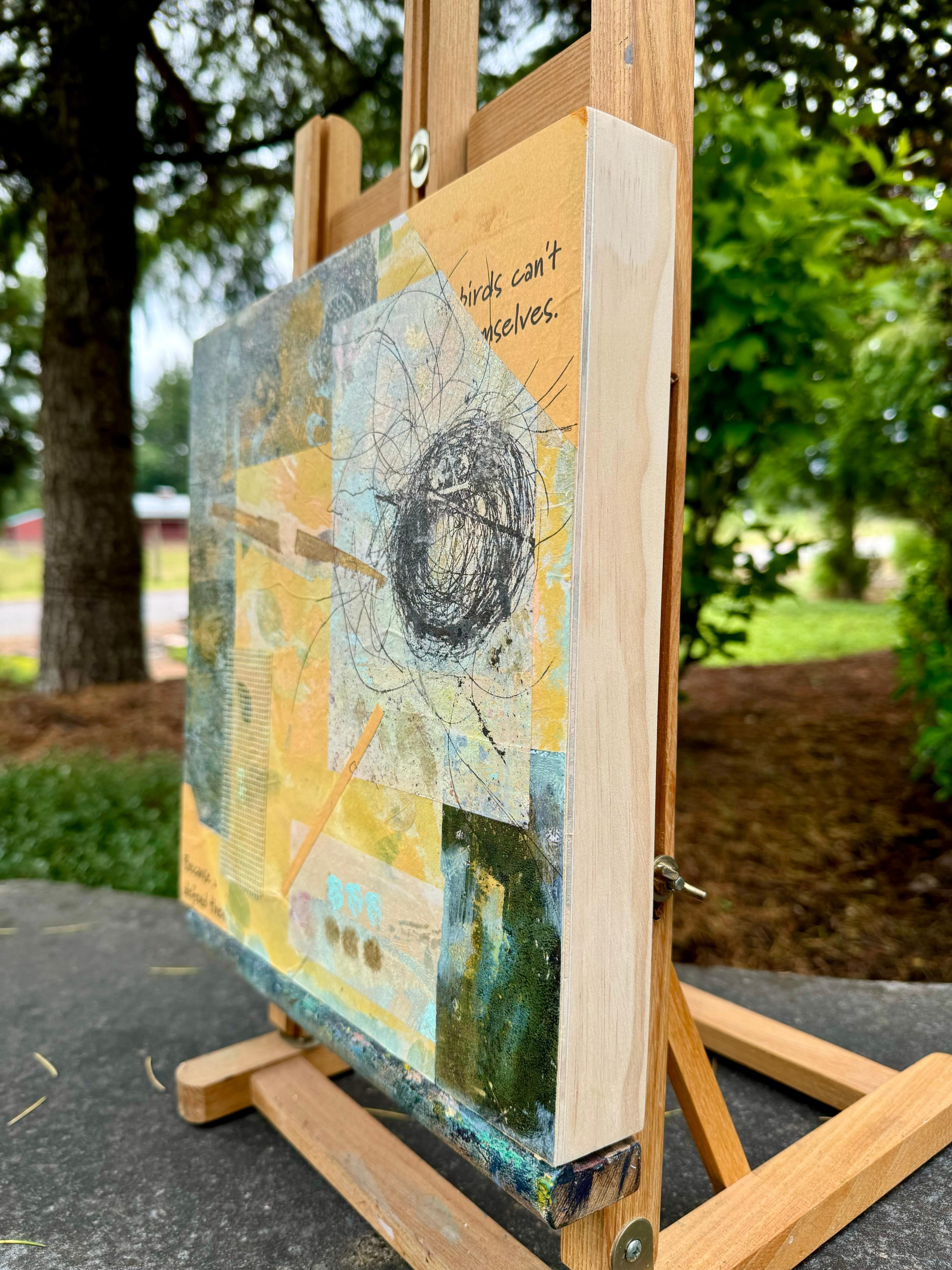 <p>Artist Comments<br />Artist Jodi Dann captures an exciting gift from nature. A sweet little bird made a nest out of horse tail hair in her backyard, inspiring her to create a collage series. Using a photograph, hand-painted paper, and ink, she
