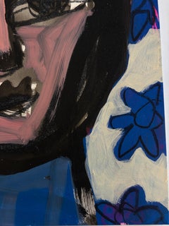 «Persona frente a flores azules», 28 x 43 cm. Pintura figurativa contemporánea