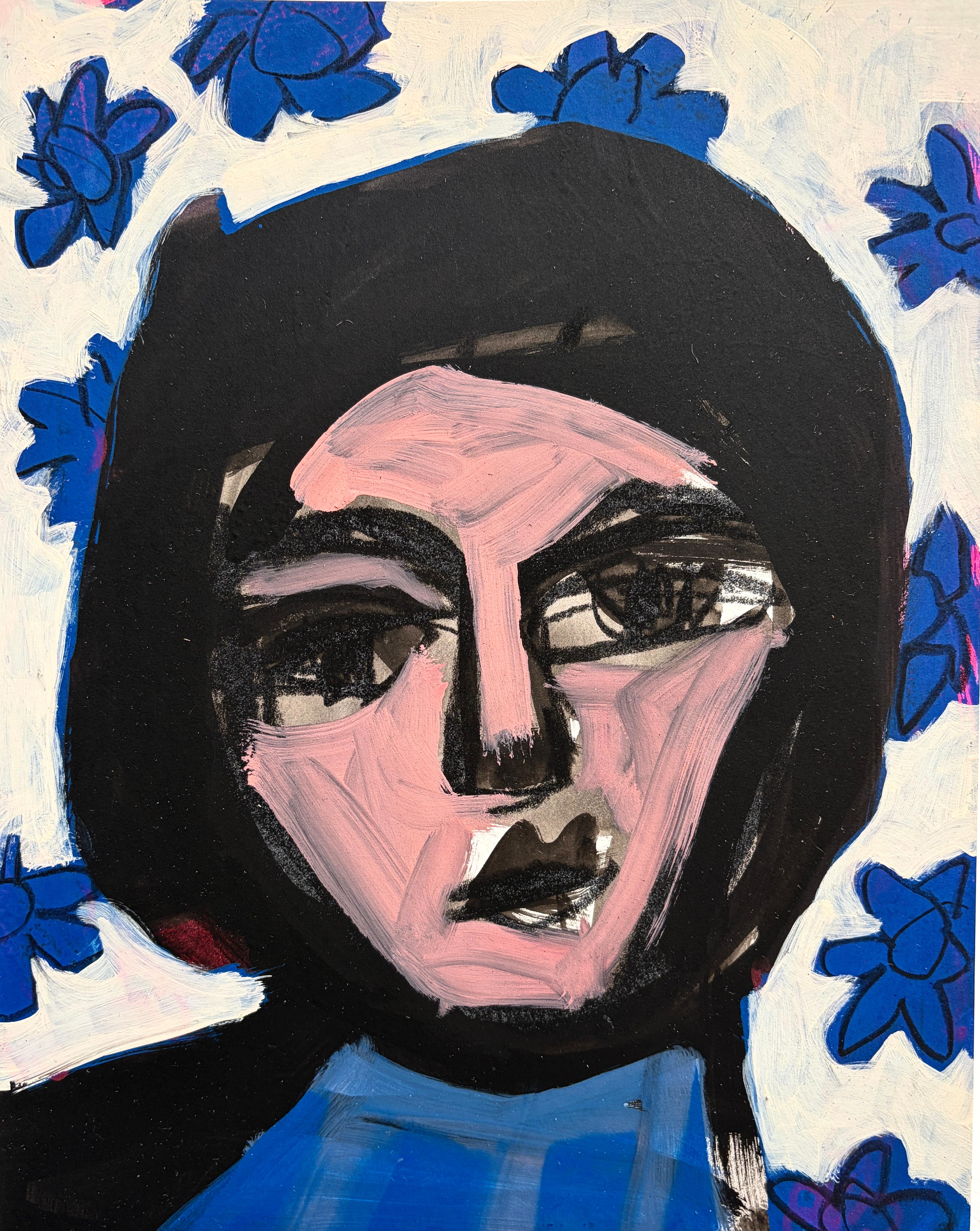 Person in Front of Blue Flowers 11"x17" Contemporary Figure Painting