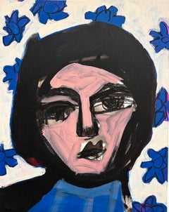 Person in Front of Blue Flowers 11"x17" Contemporary Figure Painting