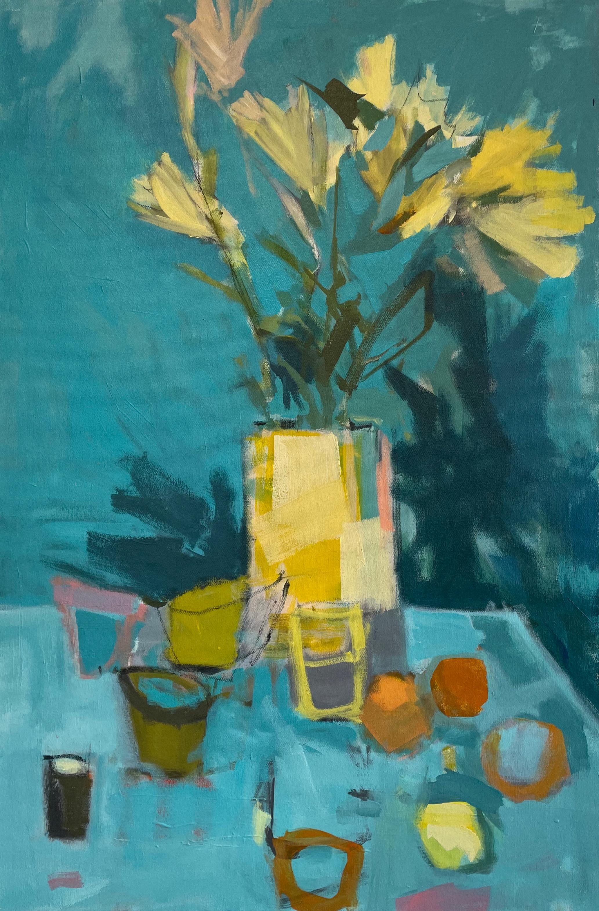 Still Life with Flowers and Fruit, Contemporary Acrylic Painting, 2023